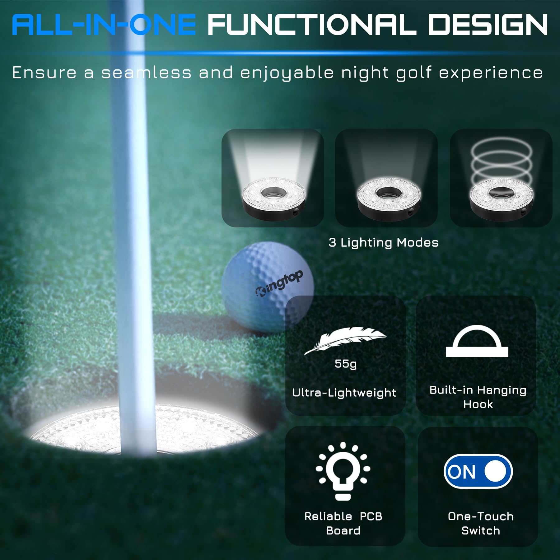 KINGTOP LED Golf Hole Light with Anti-Glare Lens - Battery Operated Glow in The Dark Putting Cup Lights for Night Golf, Backyard Practice, Indoor Putting Green & Golf Party Decorations | Perfect for Outdoor Nighttime Practice, Home Golf Simulator & Backyard Entertainment