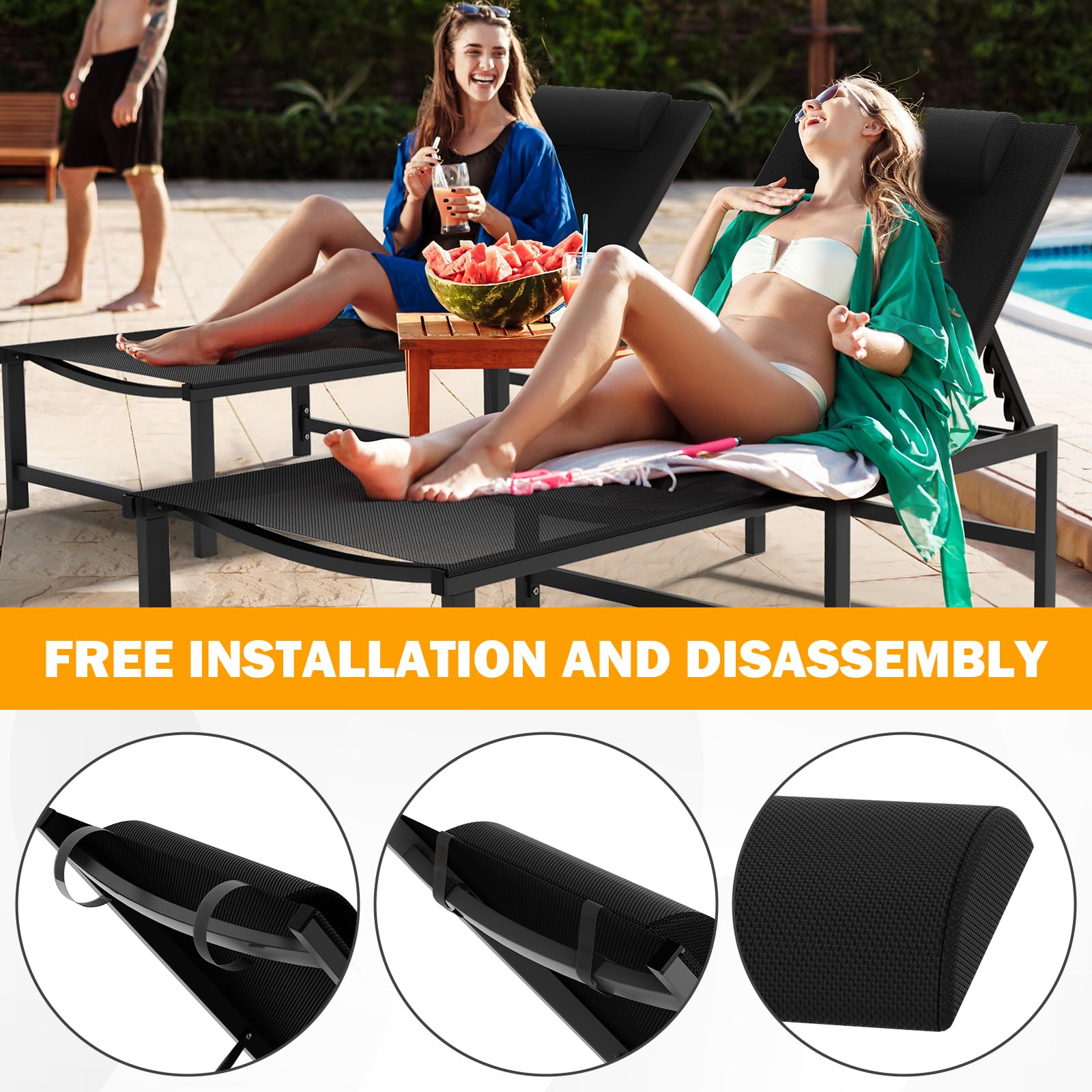 Adjustable Outdoor Chaise Lounge Chair with Headrest - 5-Position Reclining Patio Chair for Poolside, Beach & Backyard - Durable Aluminum Frame with Weather-Resistant Black Finish
