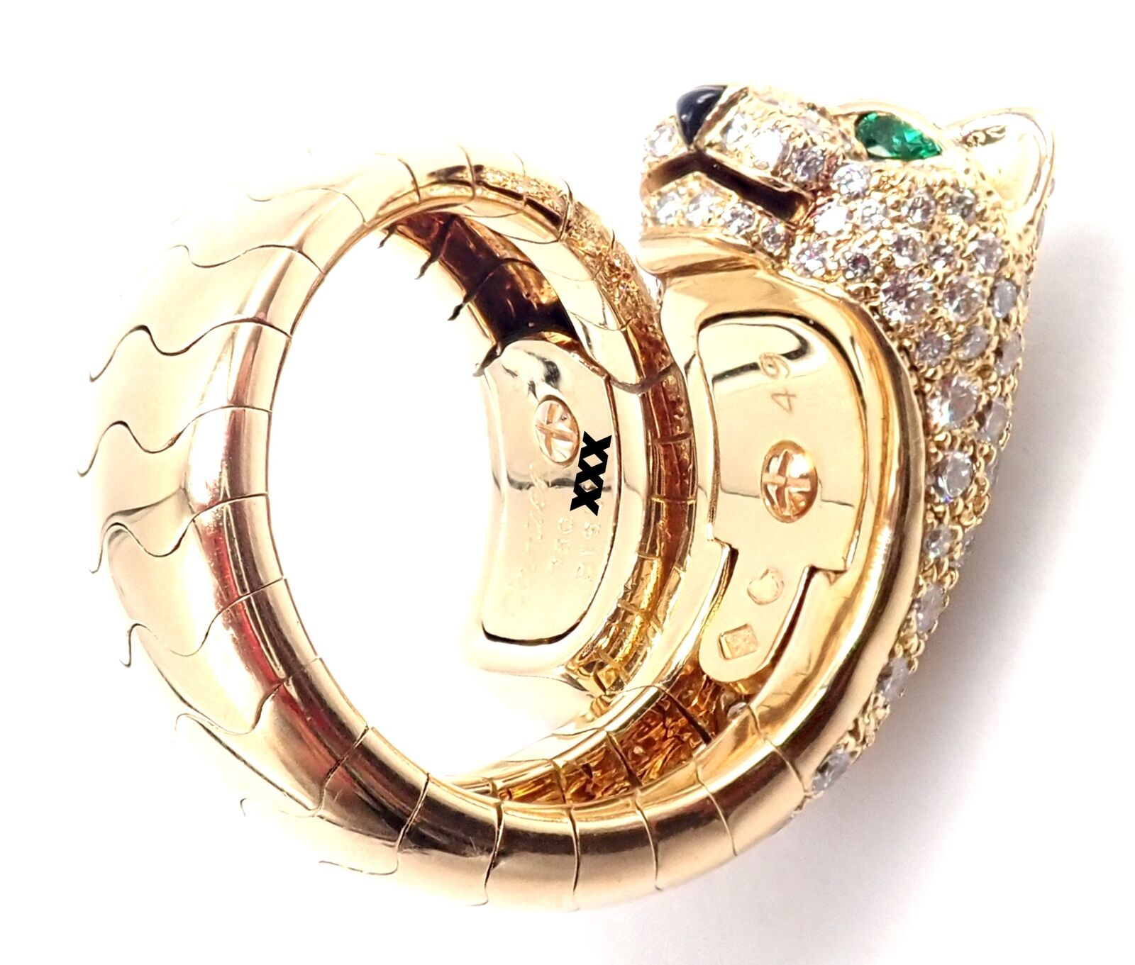 Authentic Cartier Panther 18k Yellow Gold Diamond Emerald Onyx Band Ring - Luxury Jewelry for Women, Perfect for Weddings, Anniversaries & Special Occasions