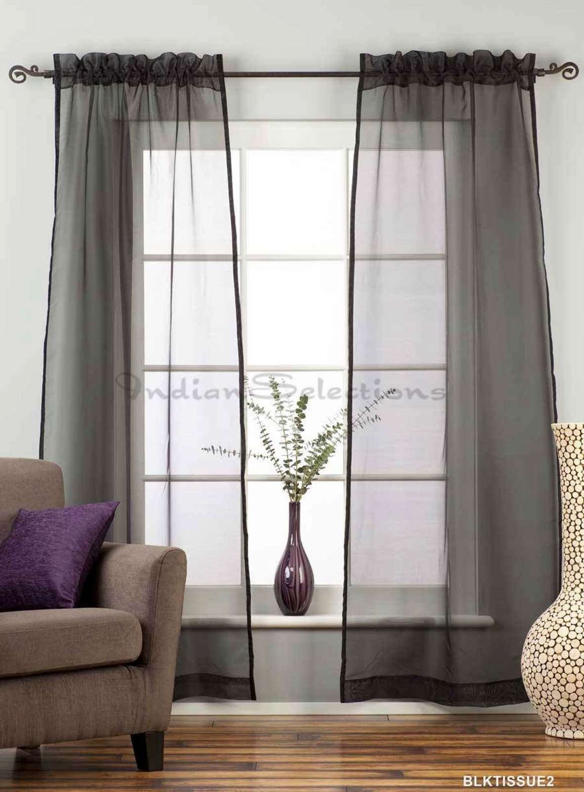 Indian Selections Black Sheer Curtain Panels with Rod Pocket - 80