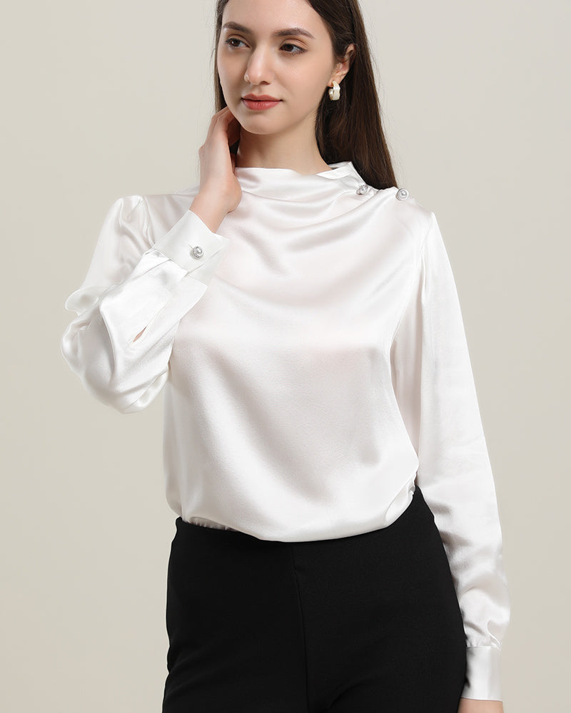 Elegant Mock Neck Silk Blouse with Pearl Buttons - Women's Luxury Blouse for Work, Party & Formal Occasions