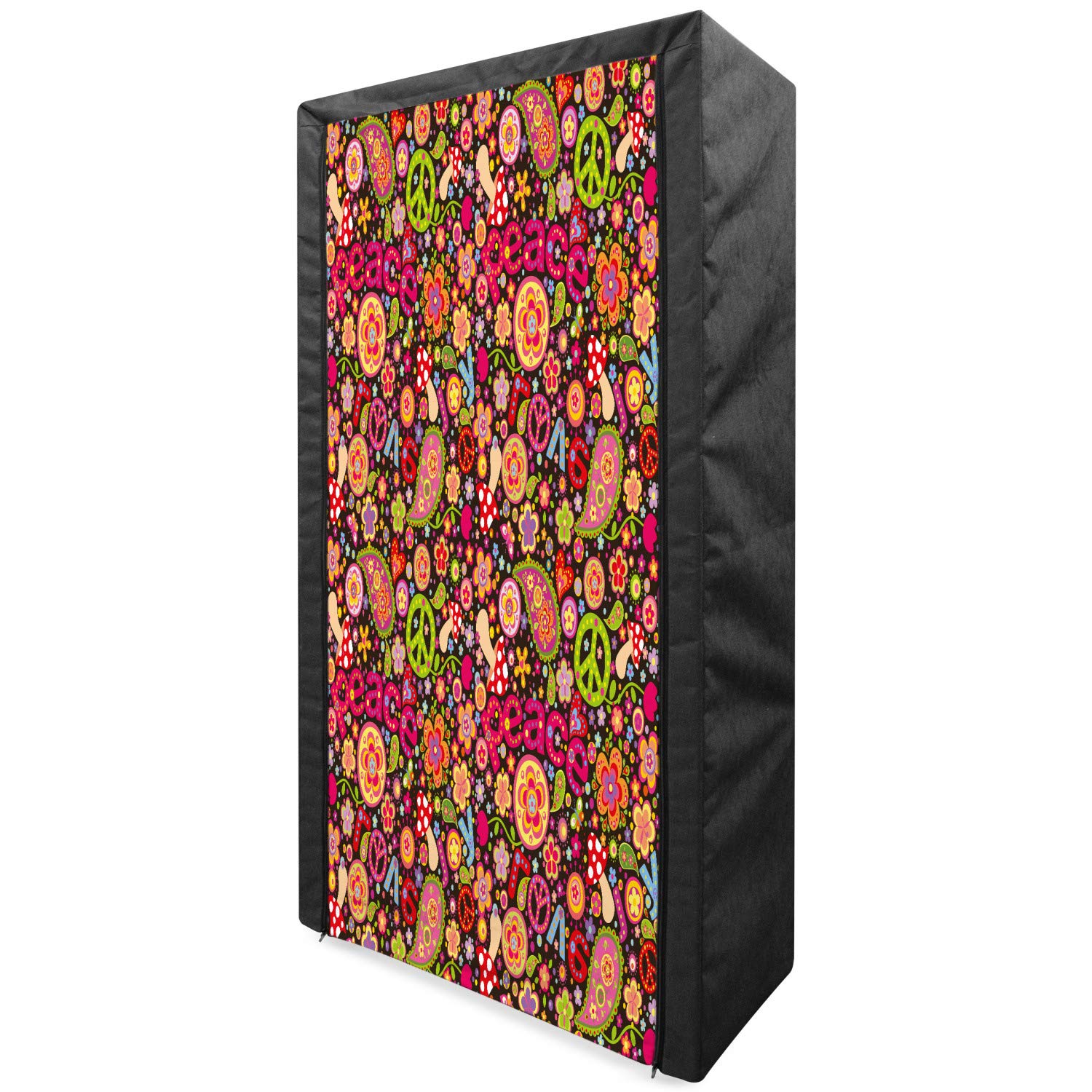 Ambesonne 70s Themed Portable Fabric Wardrobe - Groovy Peace & Love Design with Psychedelic Mushrooms & Flowers - 33.5