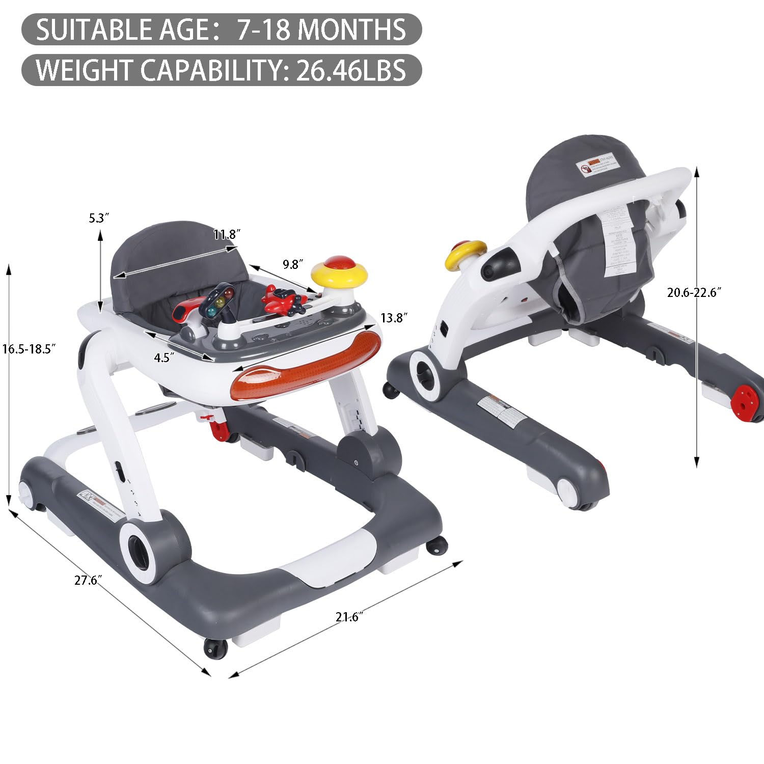 **Kinder King 5-in-1 Baby Walker with Music & Lights - Adjustable Height & Seat, Learning & Walk-Behind Activity Walker for Toddlers - Safety Bumper & Anti-Rollover Design (Grey) - Perfect for Playtime & Early Learning Development**