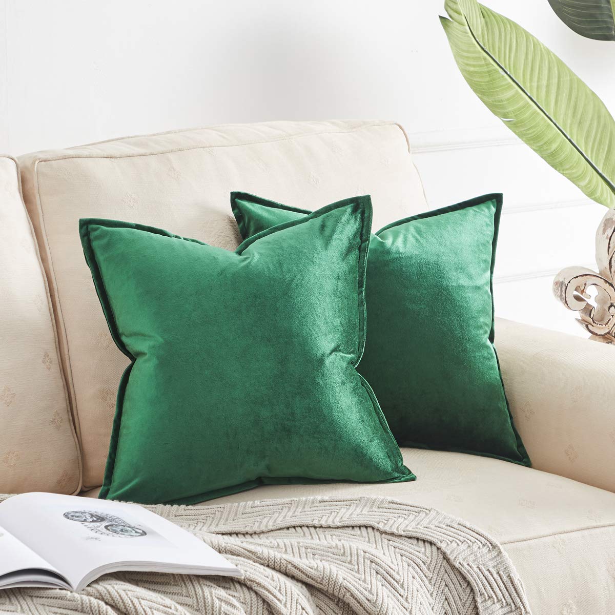 Luxury Green Velvet Decorative Throw Pillow Covers 24x24 Inches - 2 Pack Square Couch Sofa Pillow Cases for Living Room, Bedroom & Home Decor