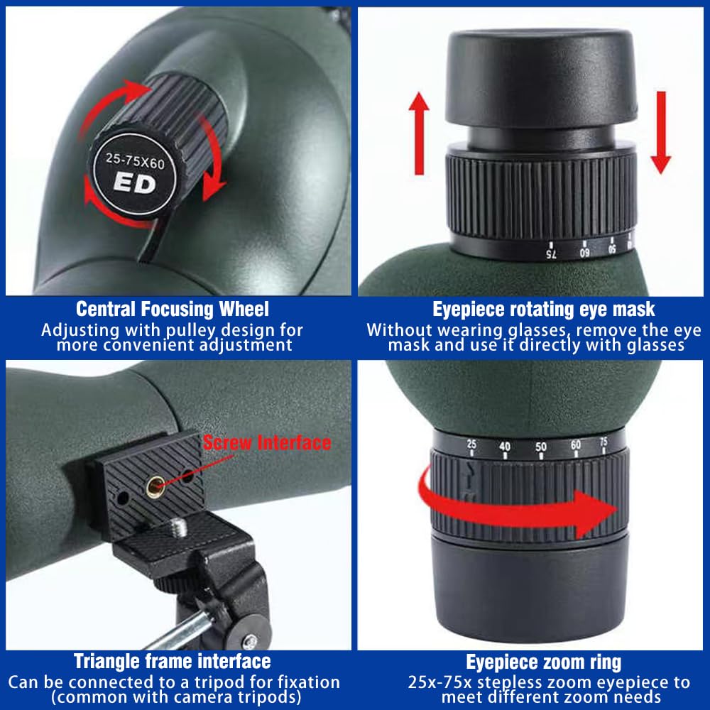 25-75x60 High Power Monocular Telescope with BAK4 Prism & Waterproof Design - Perfect for Bird Watching, Wildlife Observation, Hiking & Outdoor Adventures - Includes Tripod & Phone Adapter for Photography
