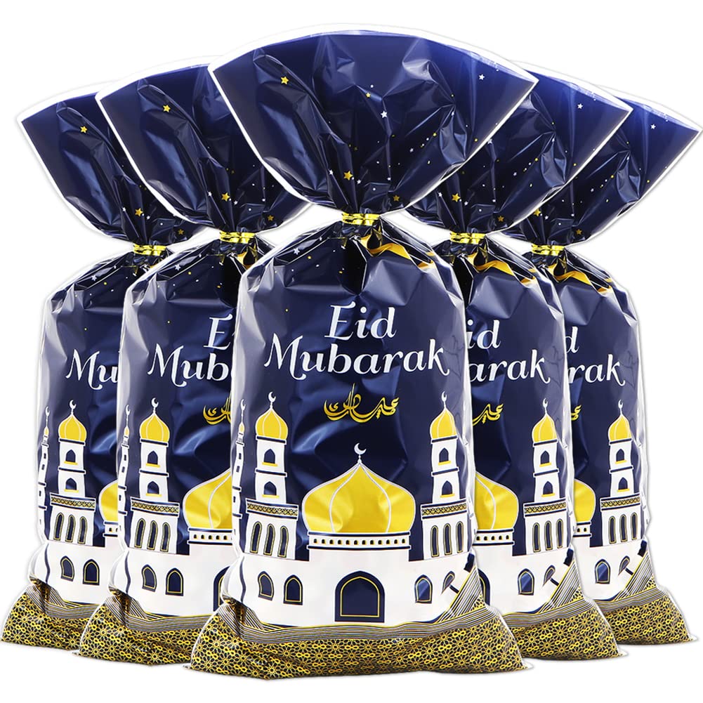 2025 Eid Mubarak Goodie Bags - 100pcs Muslim Themed Cellophane Treat Bags with Gold Twist Ties | Ramadan, Eid, Iftar Party Favors | Moon & Star Pattern Gift Bags for Kids, Islamic Celebrations, Diwali & Holiday Gatherings