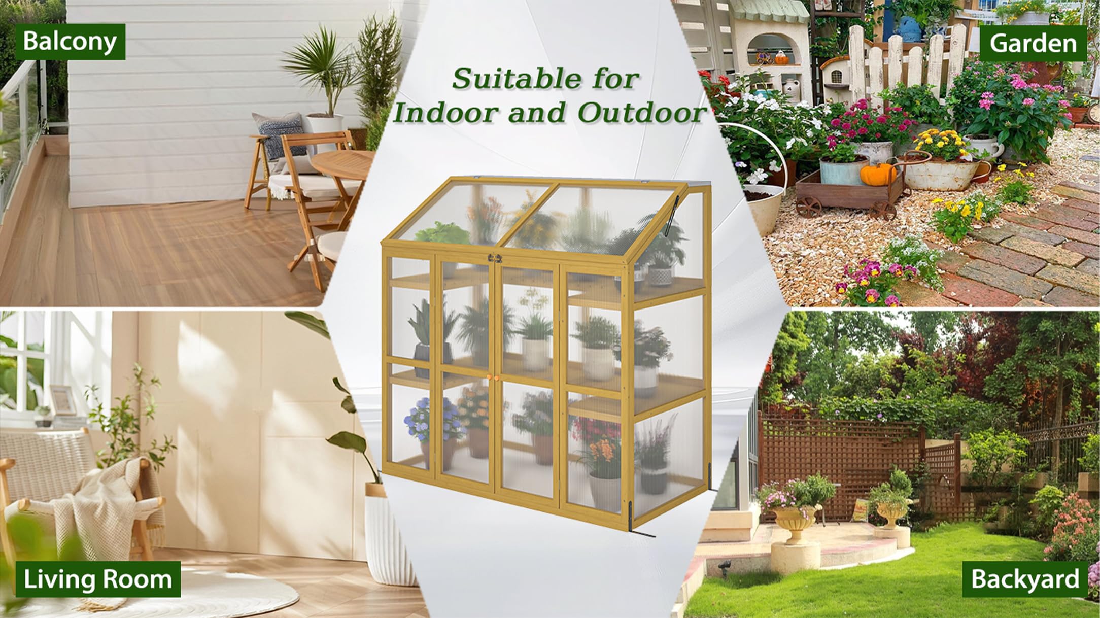 JOYBASE Wooden Cold Frame Greenhouse with Transparent Openable Roof & Shelves - Outdoor Indoor Garden Greenhouse for Backyard, Balcony & Patio Plants - Perfect for Seed Starting, Plant Protection & Year-Round Gardening