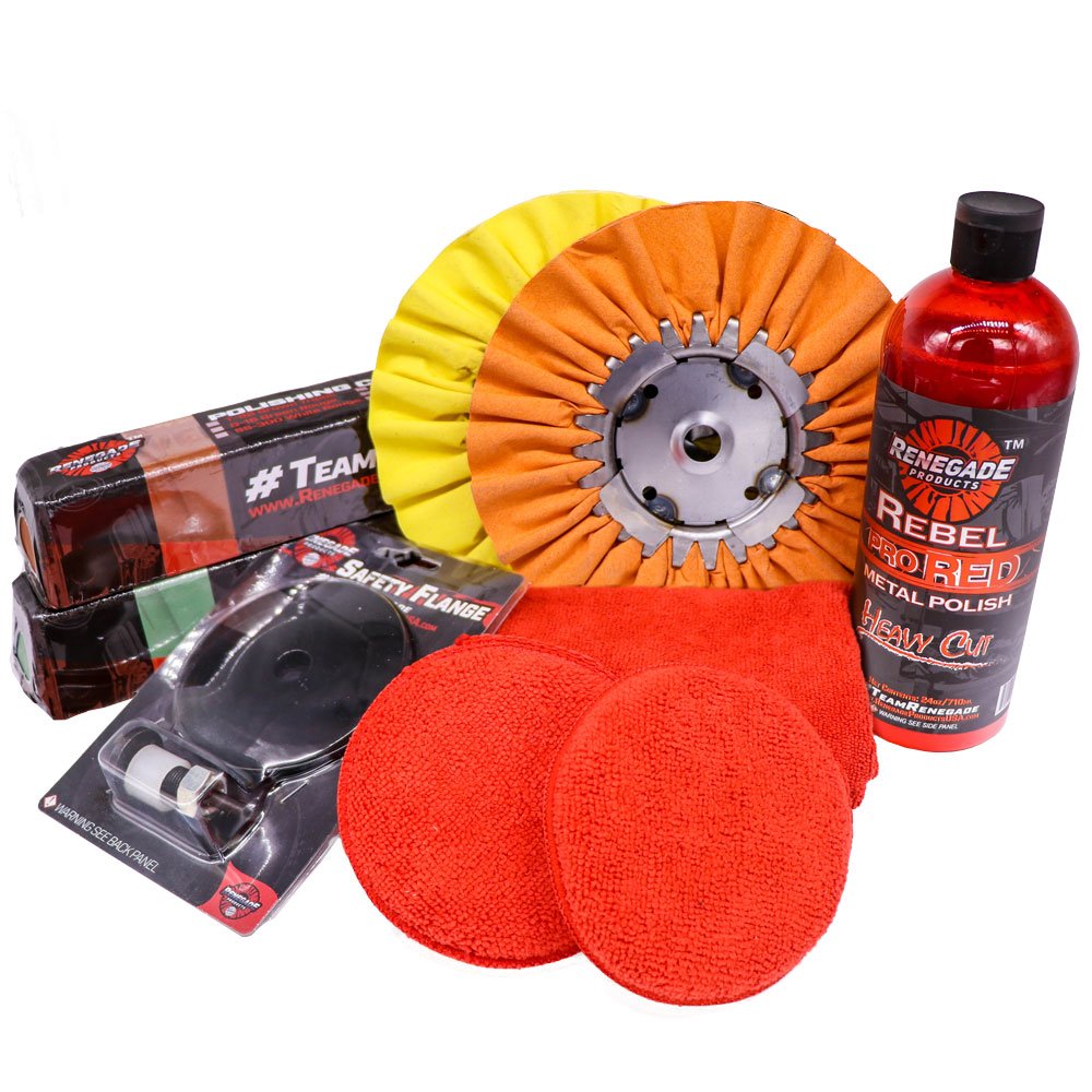 Renegade Products Aluminum Polishing Kit - Complete Mini Buffing Set with Wheels, Compounds, Right Angle Grinder Safety Flange, Pro Red Hand Polish & Microfiber Cloths | Perfect for Car Detailing, Metal Restoration & DIY Projects