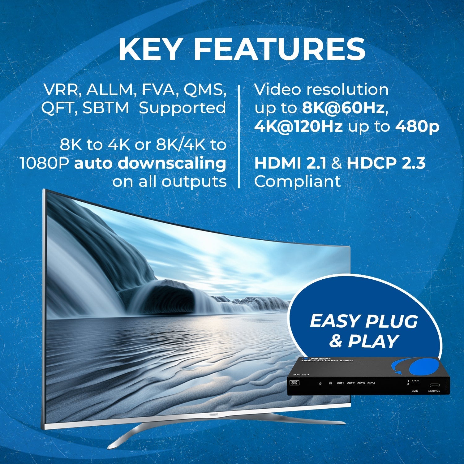 1x4 HDMI Splitter with Audio Output - 1 Input 4 Output UltraHD 8K EDID (BK 104) for Home Theater, Gaming, and Multi-Screen Presentations