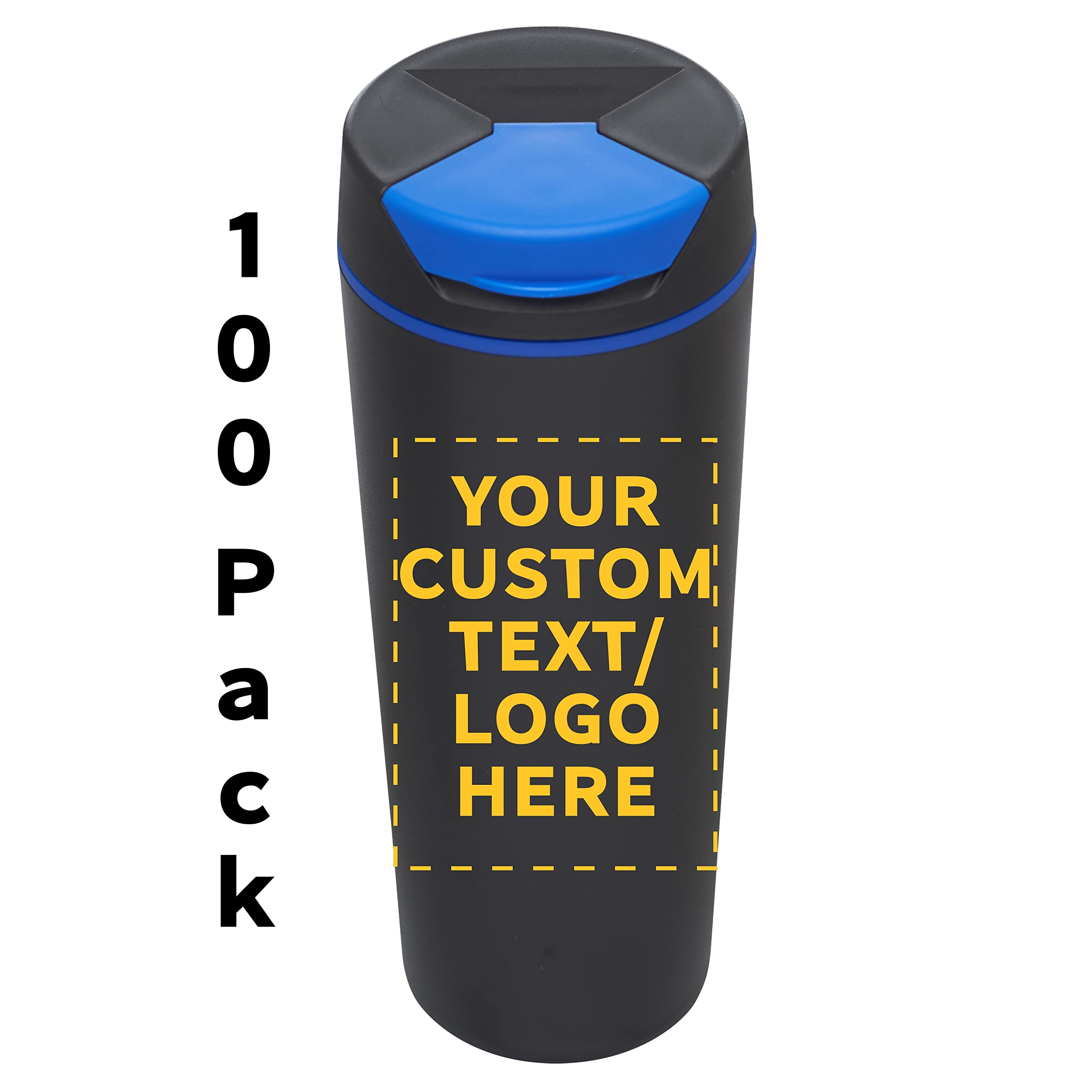 Custom Double Wall Insulated Plastic Travel Mugs 18oz (100-Pack) - Personalized Bulk Coffee Cups for Hot & Cold Beverages - Black & Blue - Perfect for Office, Events, Restaurants & Coffee Shops