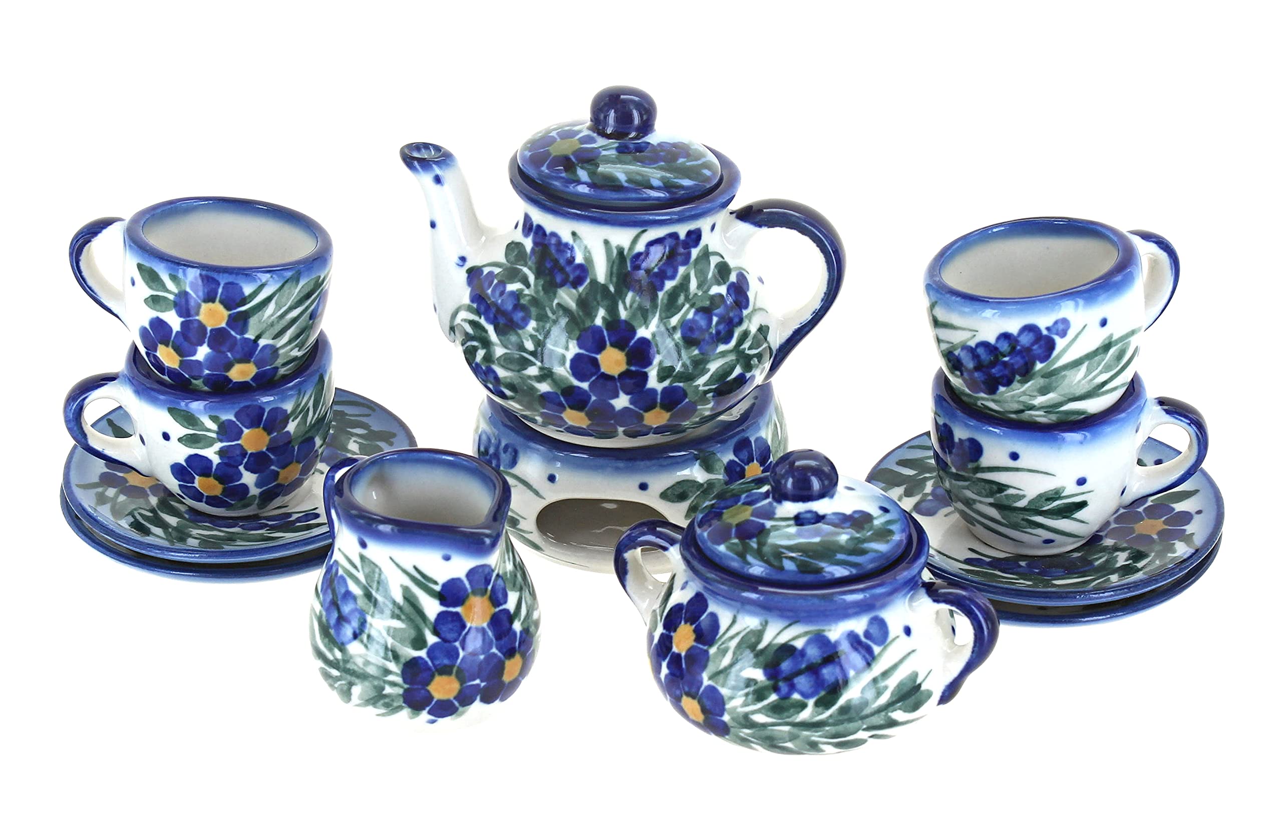 Blue Rose Polish Pottery Hyacinth Miniature Tea Set - Handcrafted Ceramic Tea Cups & Saucers - Perfect for Afternoon Tea, Collectibles & Gift Giving