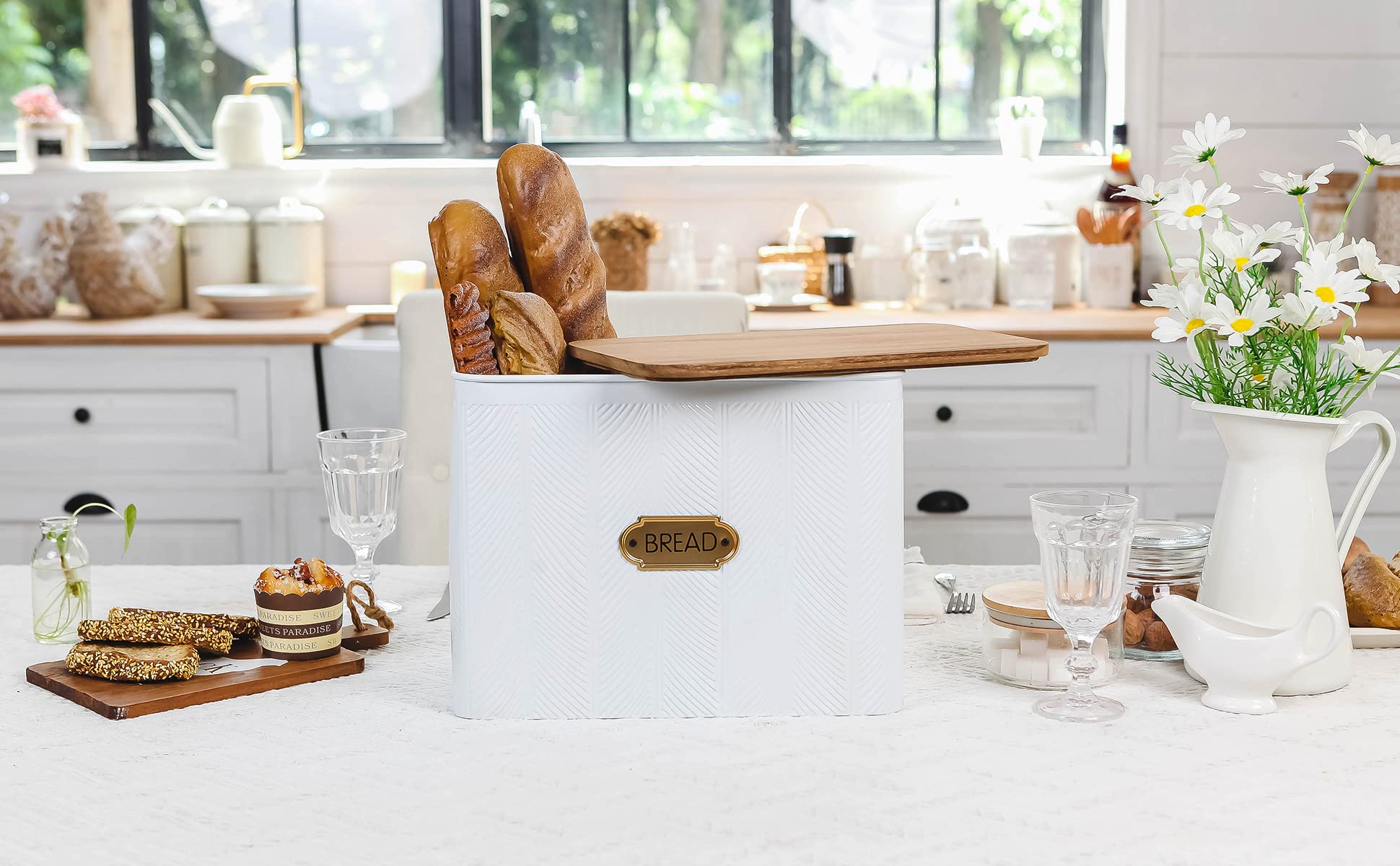 NIKKY HOME Extra Large Farmhouse Bread Box with Wood Lid - Holds 2 Loaves - Vertical Space Saving Bread Storage Bin for Kitchen Countertop - Perfect for Organizing Bread, Baguettes & Pastries in White