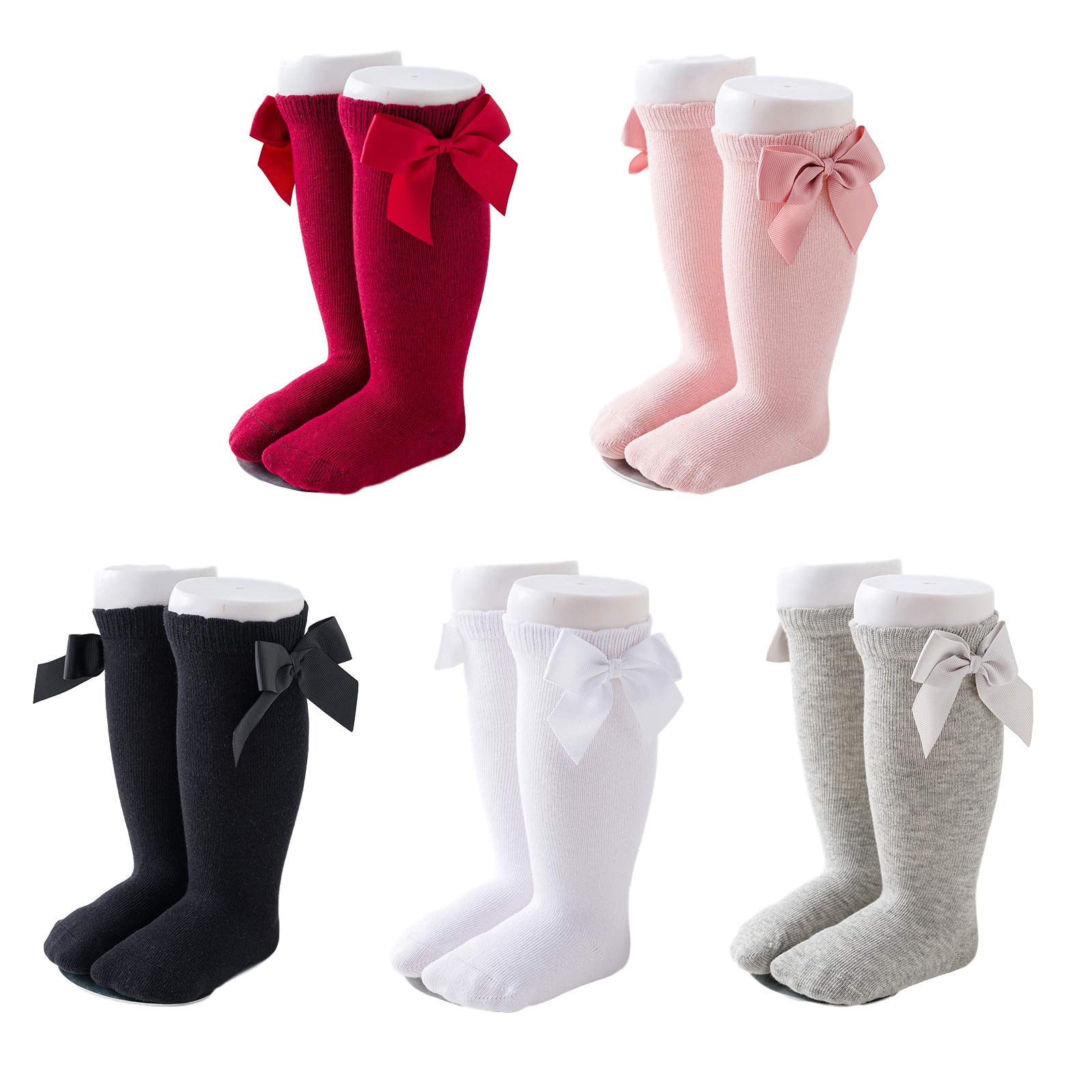 **Baby Girls Knee High Socks with Bows - Soft Cotton Knit Long Stockings for Infants & Toddlers (5 Pairs) - Perfect for Playtime, School & Special Occasions**