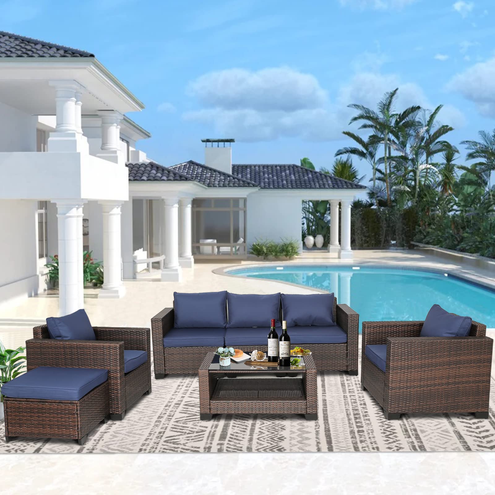All-Weather Brown Wicker Patio Furniture Sectional Set with Glass Coffee Table - Outdoor Sofa for Backyard, Porch, Garden (X-Dark Blue) | Perfect for Relaxing, Entertaining & Sunbathing