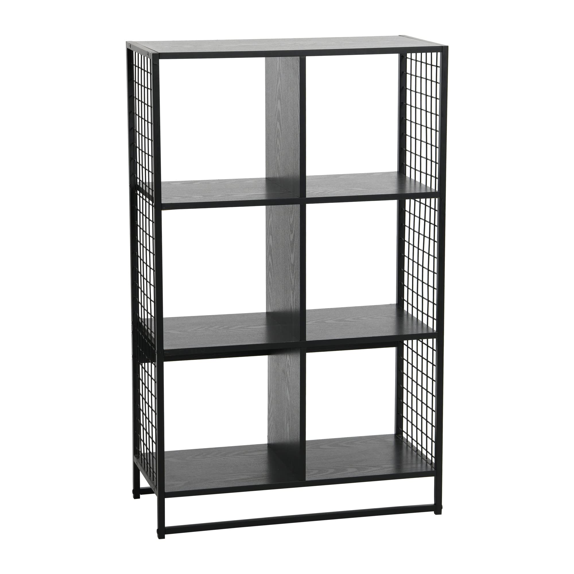 6-Cube Open Storage Bookshelf - Black Oak Wood Grain & Black Metal - Modern Trellis Design for Living Room, Bedroom, or Office Organization