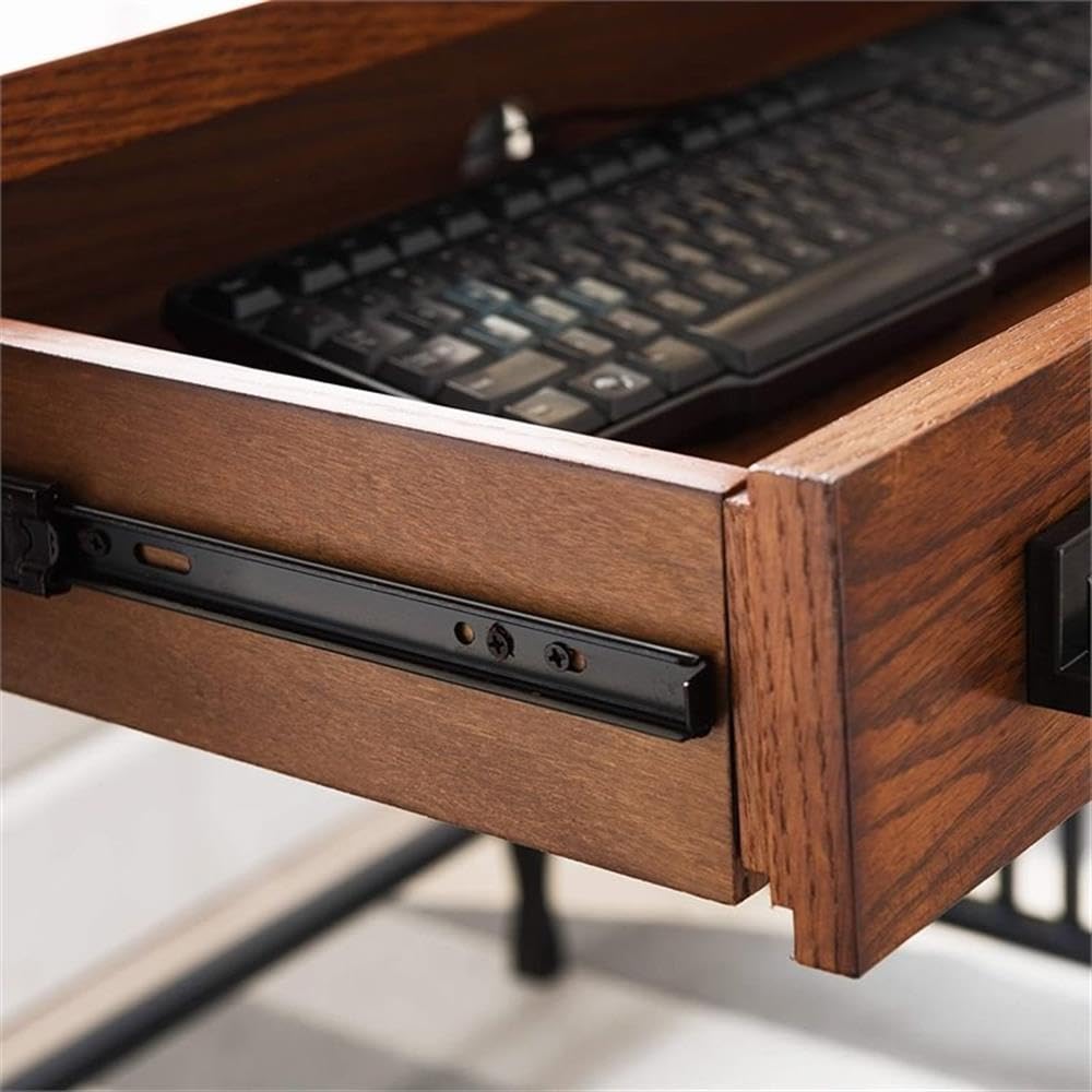 BOWERY HILL Ironcraft Mission Oak Computer Desk - Home Office Workstation for Study, Gaming & Remote Work
