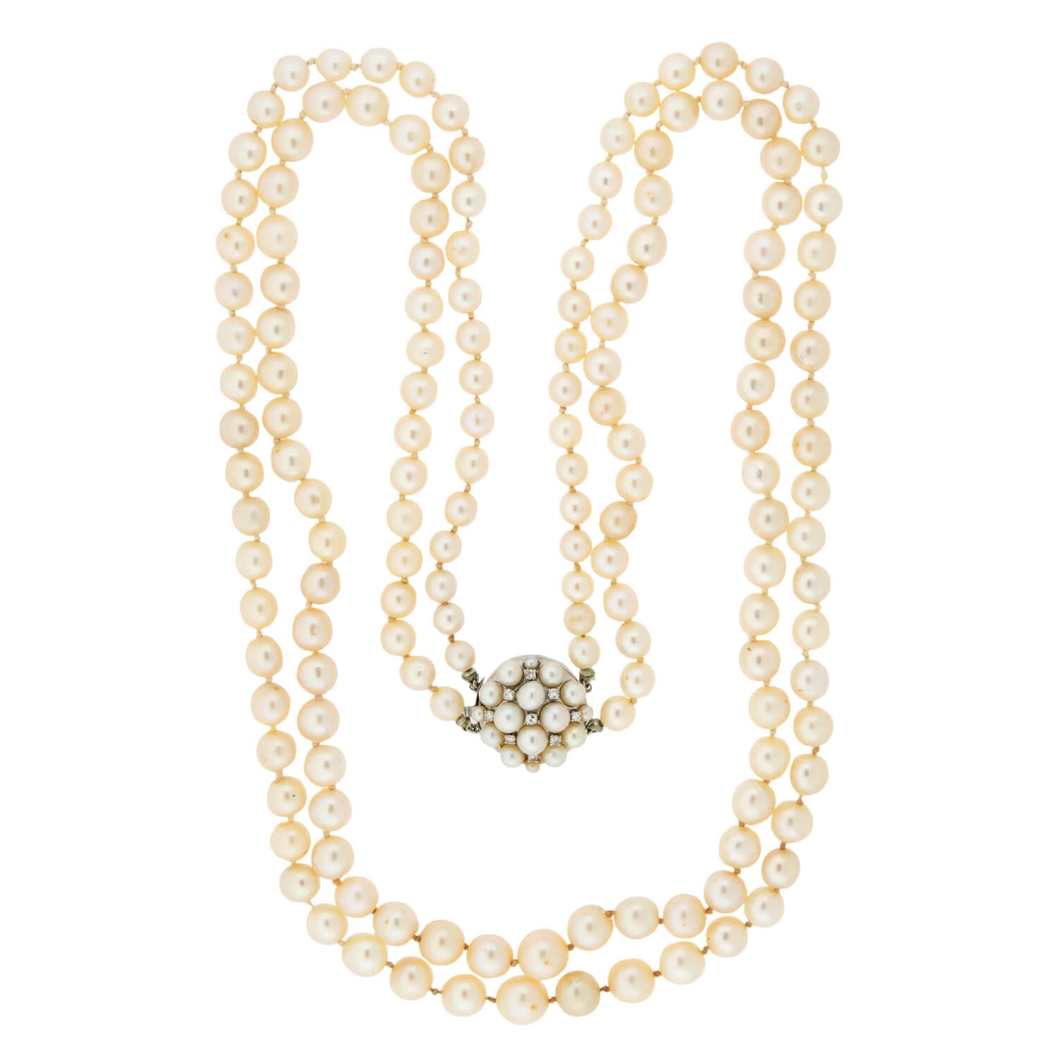 Vintage Double Strand Pearl Necklace with 14K Gold Diamond Clasp - Elegant Bridal Jewelry for Weddings, Anniversaries & Special Occasions