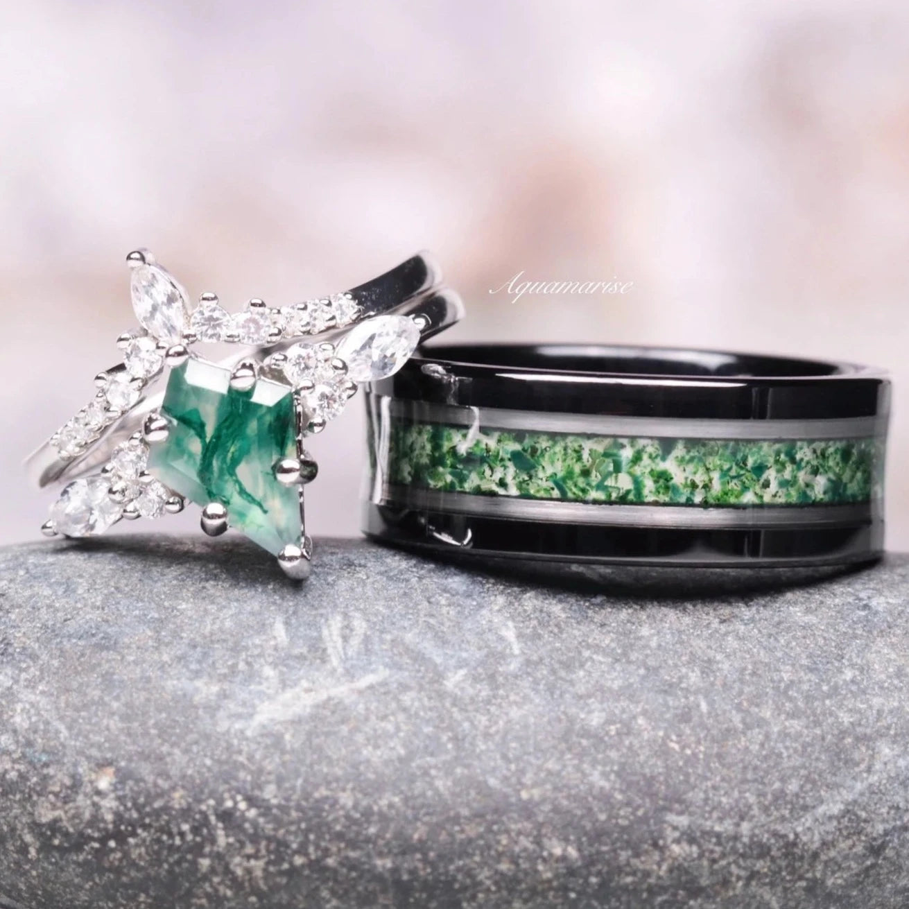 Skye Kite™ Moss Agate Couples Ring - Matching Wedding Bands for Him & Her - Natural Stone Promise Rings for Anniversary, Engagement & Romantic Gifts - Perfect for Couples, Valentines Day & Special Occasions
