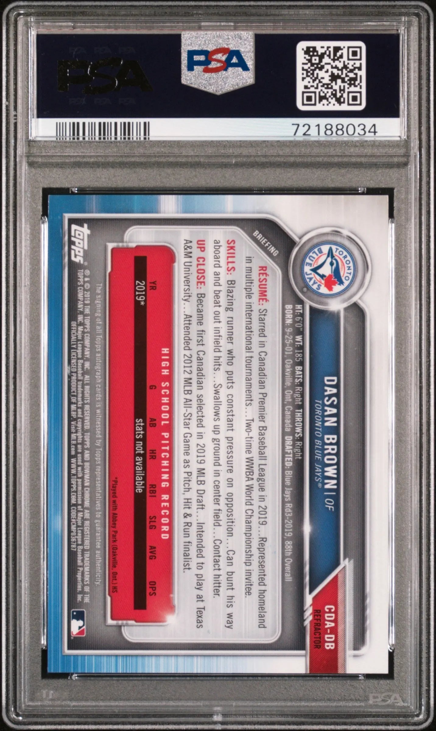 2019 Bowman Draft Chrome Dasan Brown Auto Refractor PSA 10 /499 - Rare Baseball Card for Collectors & Investment, Perfect for Sports Memorabilia Displays & Trading