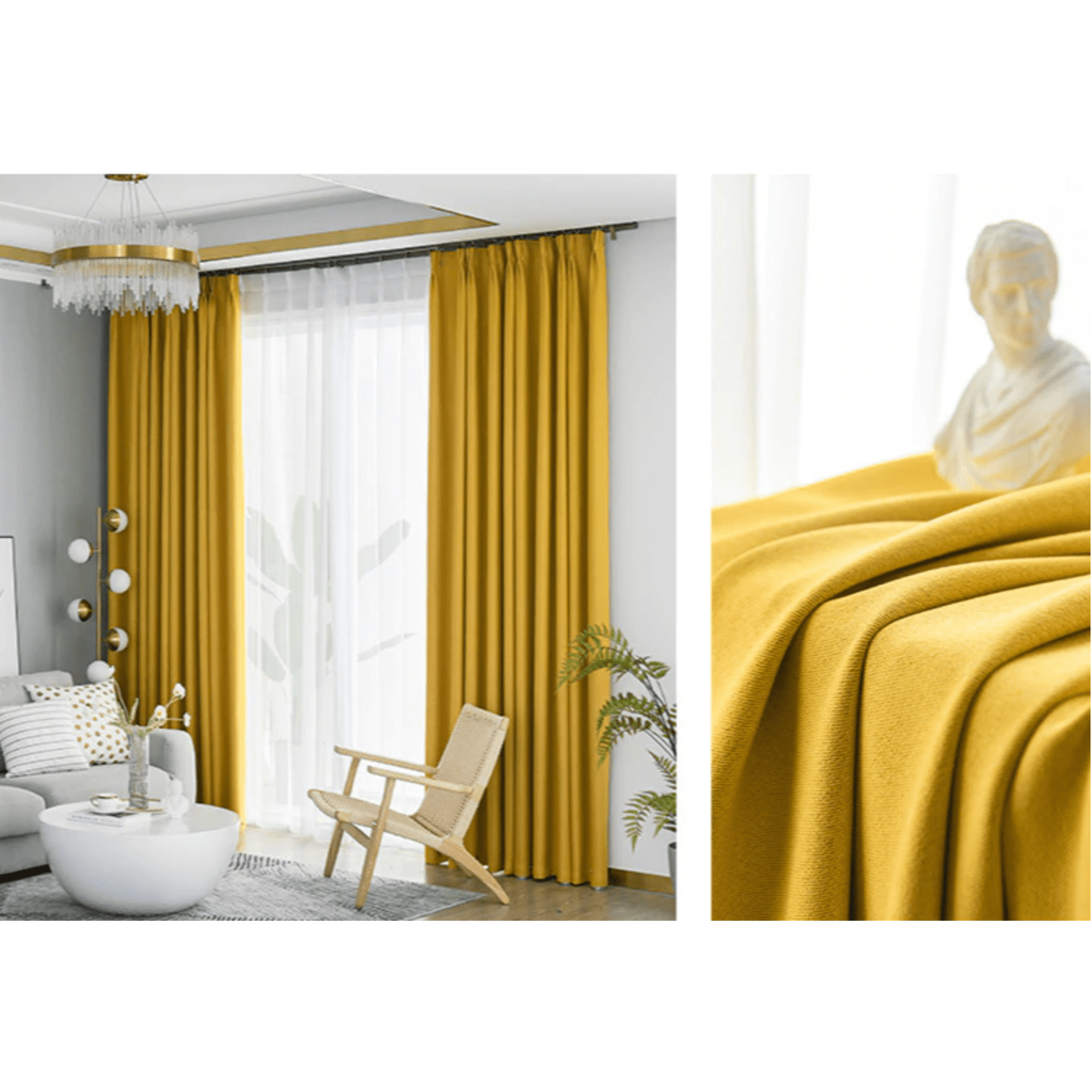 Rémy Blackout Double Sided Plain Linen Thermal Insulated Curtains - Yellow | Energy Efficient Window Treatment for Bedroom & Living Room