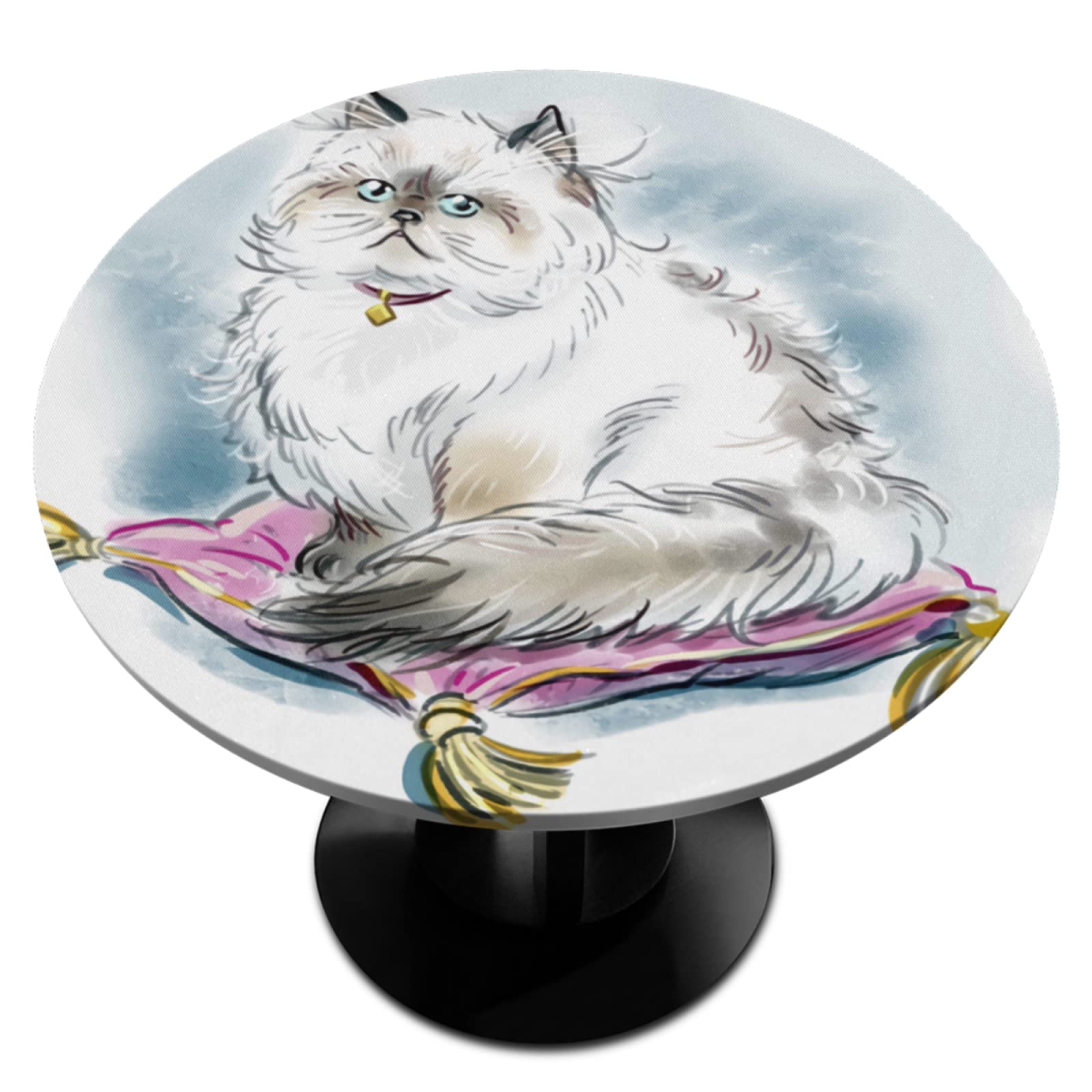 Elastic Edged Round Fitted Tablecloth - Washable Persian Cat Design Table Cover for 36