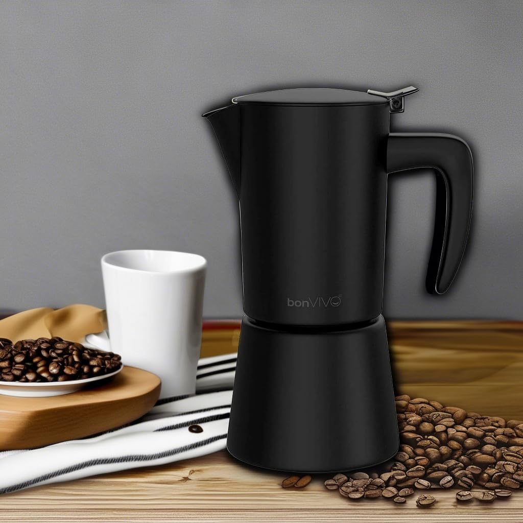 bonVIVO Intenca Stovetop Espresso Maker - Premium Stainless Steel Italian Moka Pot for Rich Espresso - 6 Cup Capacity (10oz) - Perfect for Home, Camping & Outdoor Adventures - Black