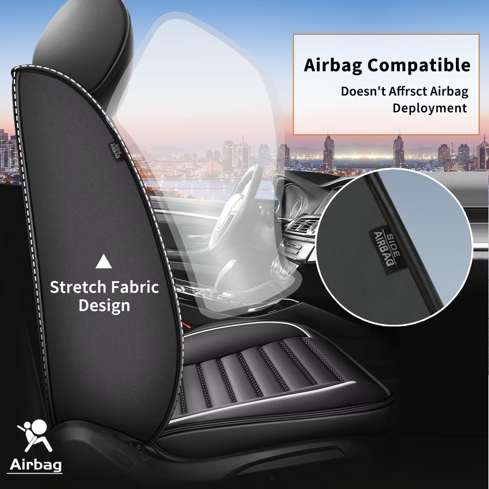 Premium Faux Leather Car Seat Covers Full Set for Hyundai Kona 2018-2025 - 5-Piece Waterproof Seat Protectors with Airbag Compatibility & White Stitching - Perfect for Daily Commuting, Road Trips, and Family Protection