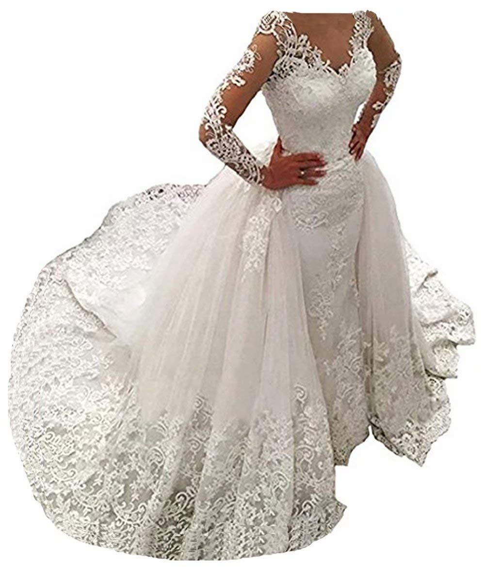 Elegant Mermaid Wedding Dresses for Women - Long Sleeve Lace Bridal Gowns with Beading & Detachable Train | Perfect for Beach, Church, and Formal Wedding Ceremonies
