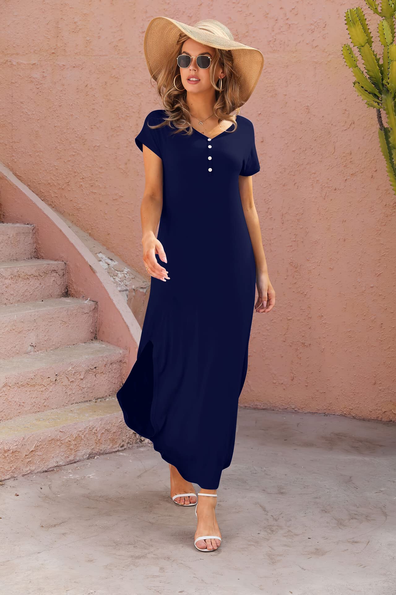 GRECERELLE Women's Summer Casual Long Sleeveless Maxi Dress with Double Slit - Perfect for Beach Vacation, Party & Evening Wear