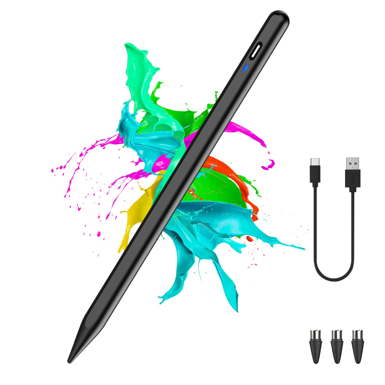 Premium Rechargeable Stylus Pen for iPhone, Samsung, Xiaomi, Huawei, Vivo & Lenovo Tablets - Precision Pom Tip for iOS/Android - Perfect for Note-Taking, Drawing & Digital Art - Black
