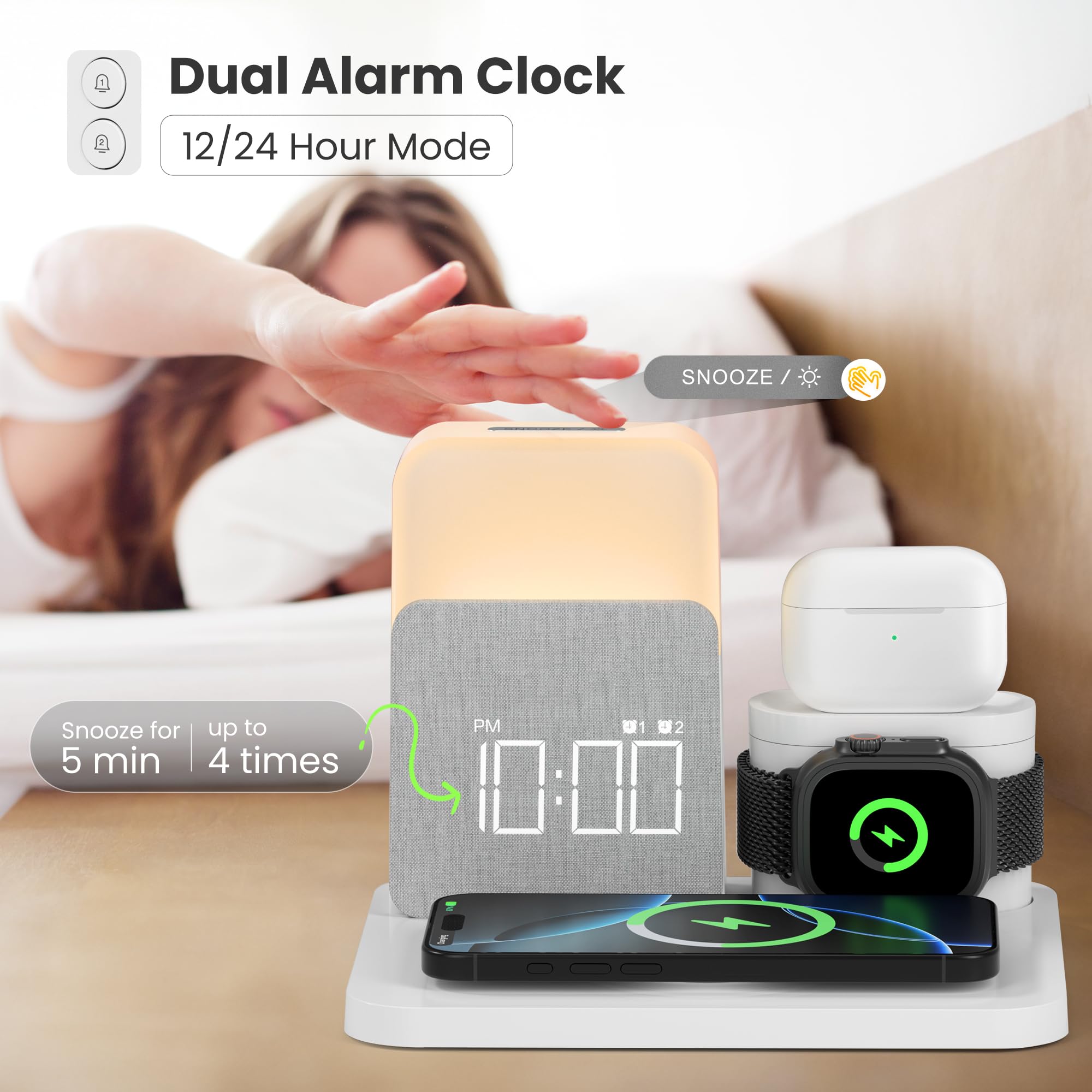 7-in-1 Wireless Charging Alarm Clock with MagSafe for iPhone 16/15/14/13/12 Pro Max - Bedside Charging Station with Night Light for Apple Watch & AirPods - Perfect for Bedroom, Office & Travel Use