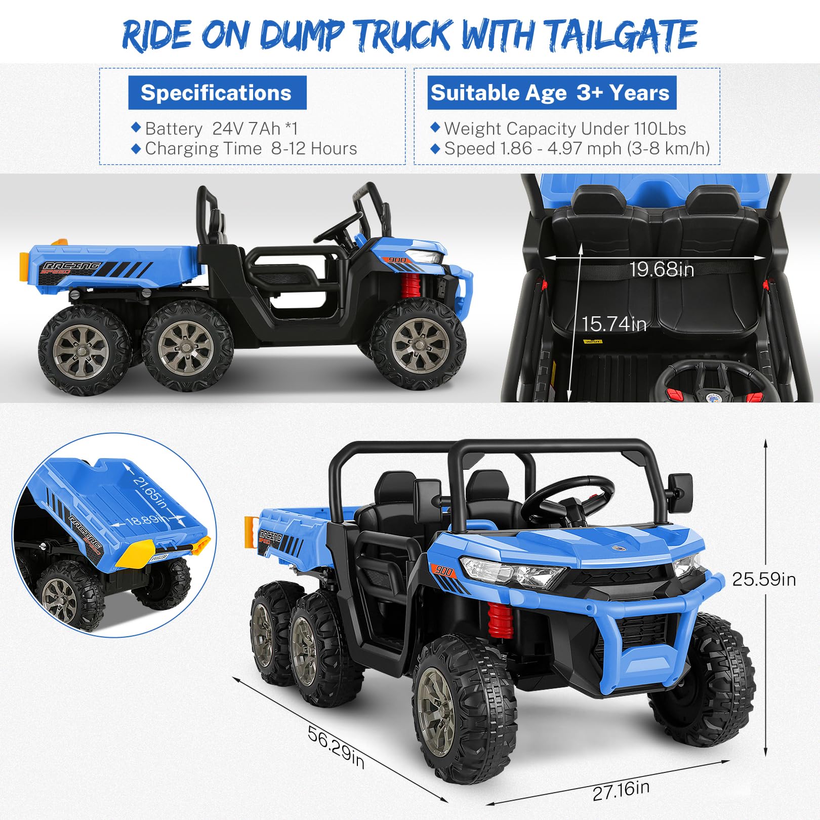 Hikole 24V Kids Ride On Dump Truck - 6-Wheel 2-Seater Electric UTV with Parent Remote Control, LED Lights & Music | 3-Speed Adjustable, Spring Suspension | 24 Volt Battery-Powered Ride-On Toy for Boys & Girls Ages 3-8 | Outdoor Play, Backyard Fun, Birthday Gift Idea (Blue)