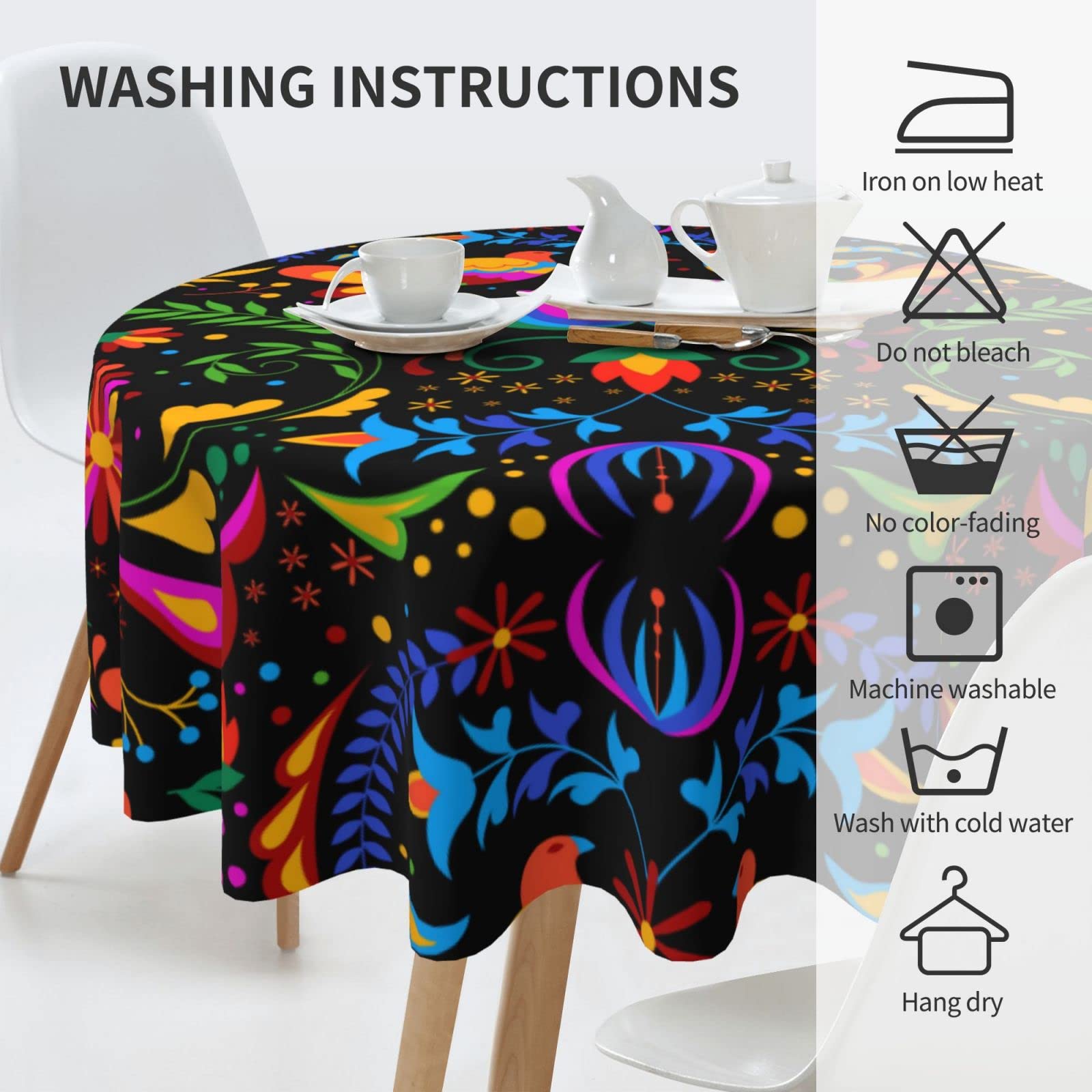 60 Inch Round Black Mexican Bird Flower Tablecloth - Spill Proof & Durable for Dinner Parties, Picnics, Camping & Mexican Themed Decor | Washable Table Cover for Indoor & Outdoor Use