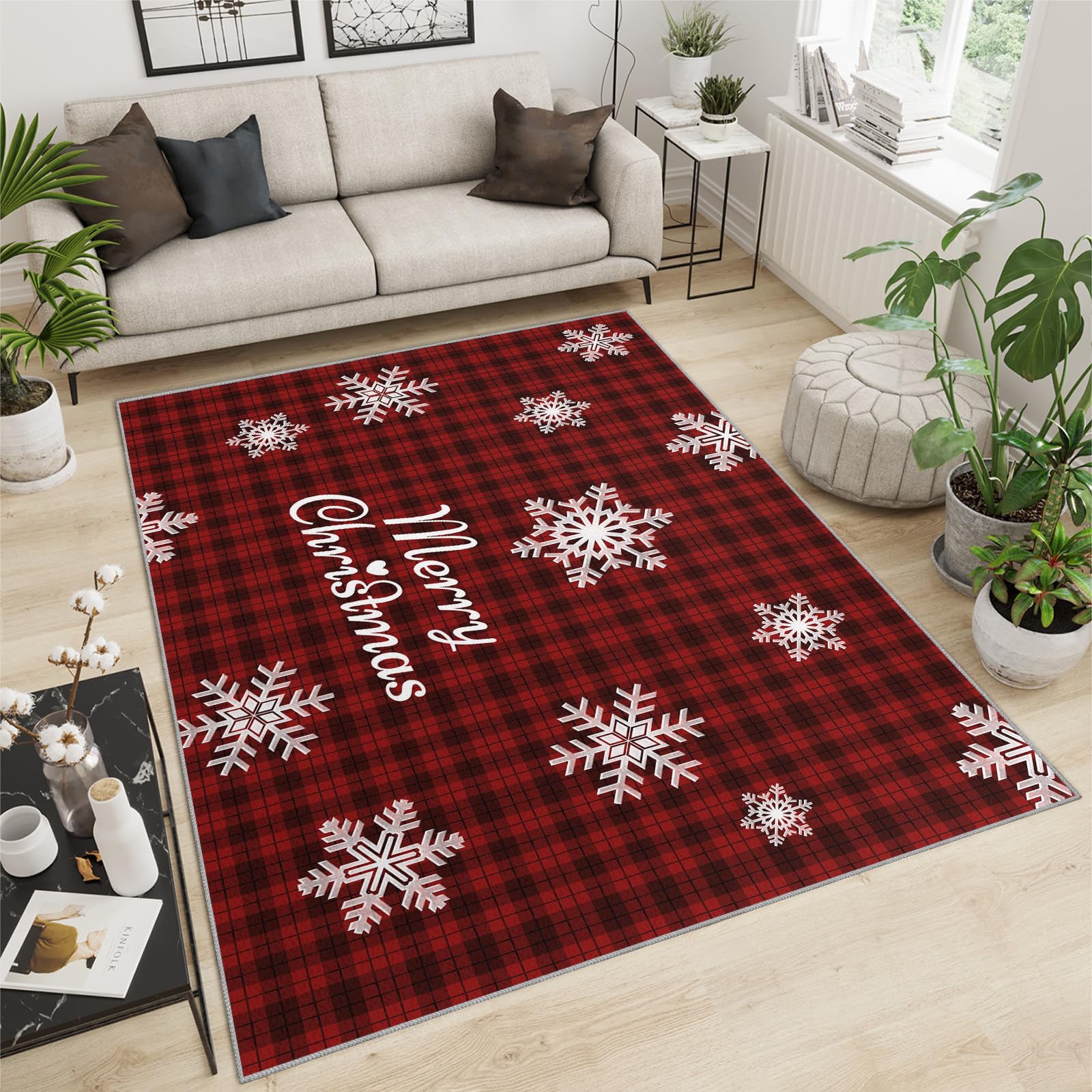 5x7 White Christmas Snowflake Area Rugs - Non-Slip Soft Abstract Geometric Floor Mats for Bedroom, Living Room & Teen Room - Perfect for Holiday Decor & Hardwood Floors (Black/Red Grid Design)