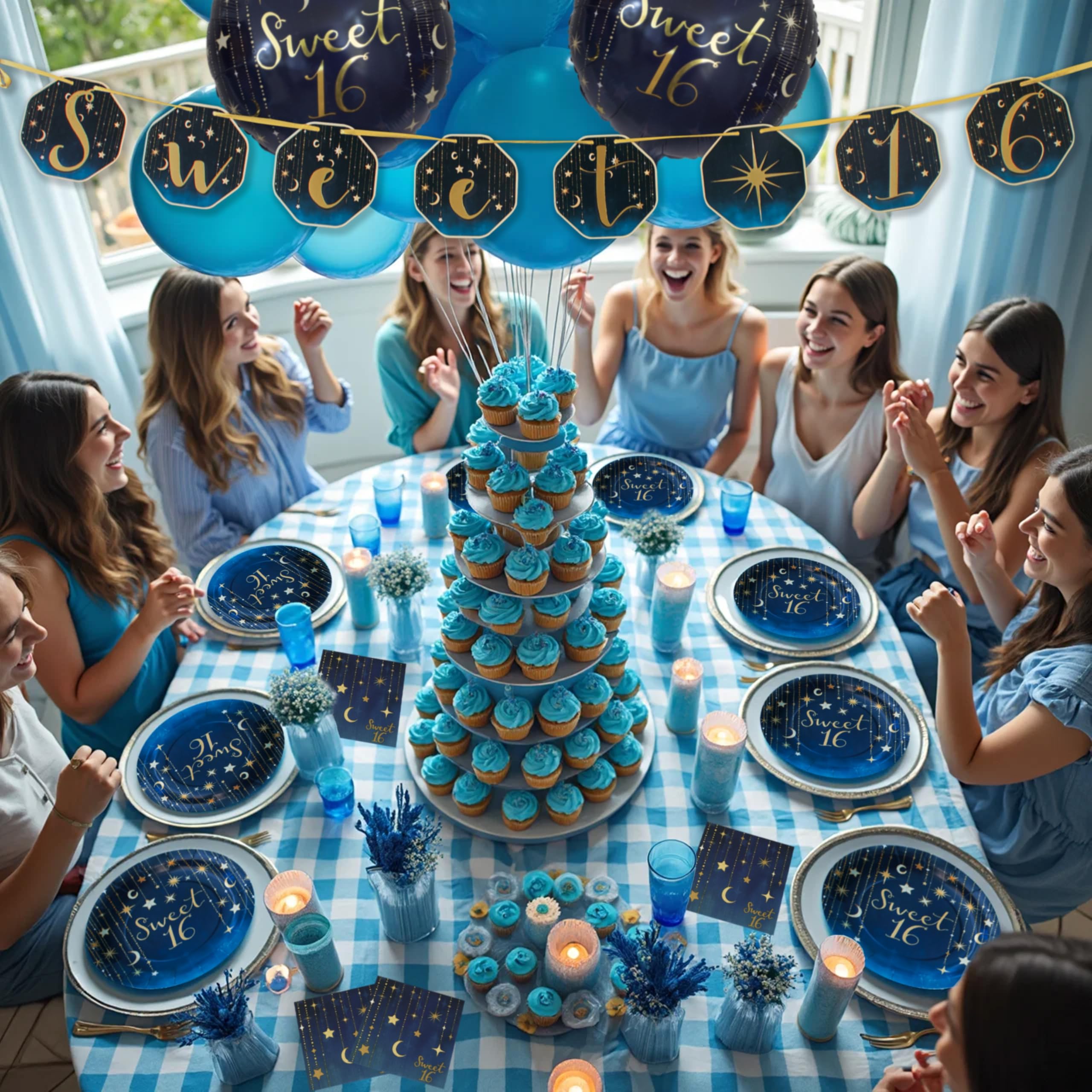 Havercamp Sweet 16 Birthday Party Supplies Set - 16 Printed Plates & Beverage Napkins with Gold Starry Night Design - Perfect for Teen Birthday Celebrations, Quinceañeras & Special Occasions
