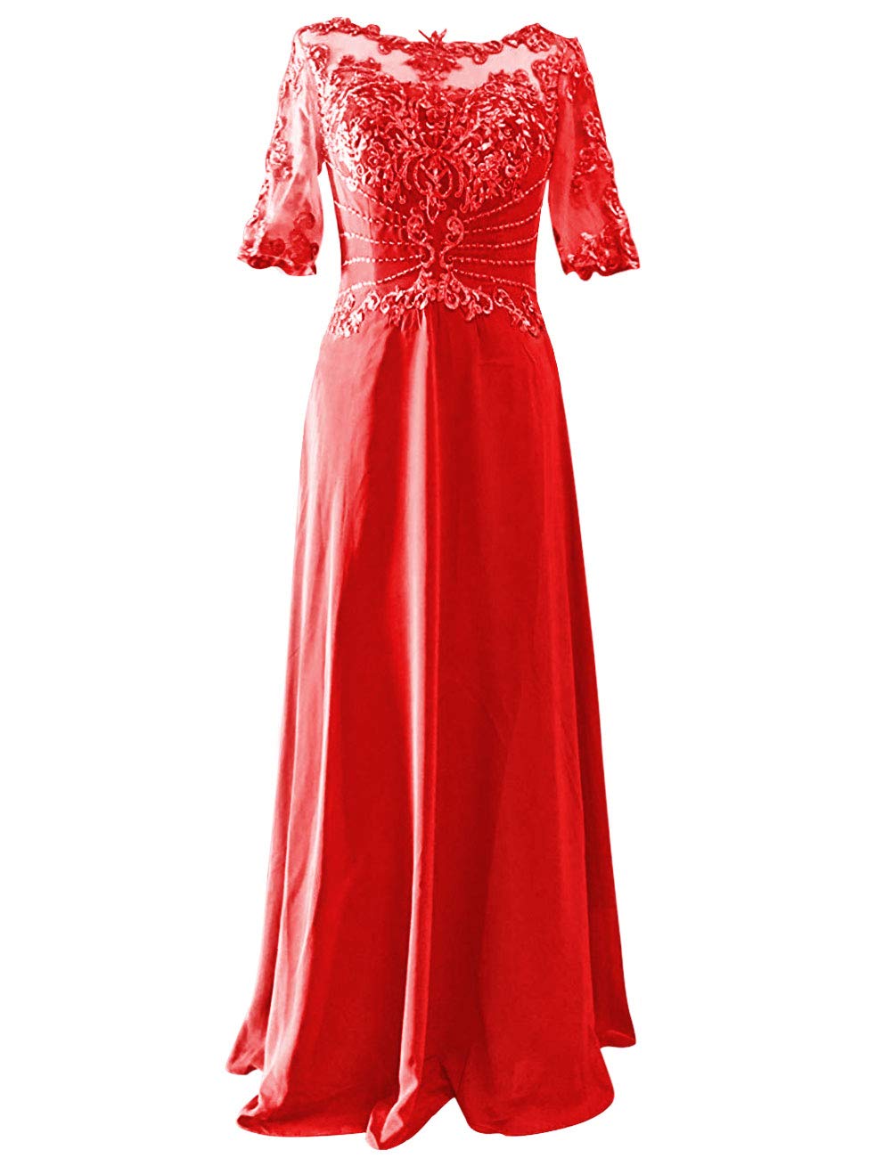 Elegant Mother of The Bride Dresses - Long Formal Evening Gown with Lace Applique & Beaded Short Sleeves | Perfect for Weddings, Galas & Special Occasions