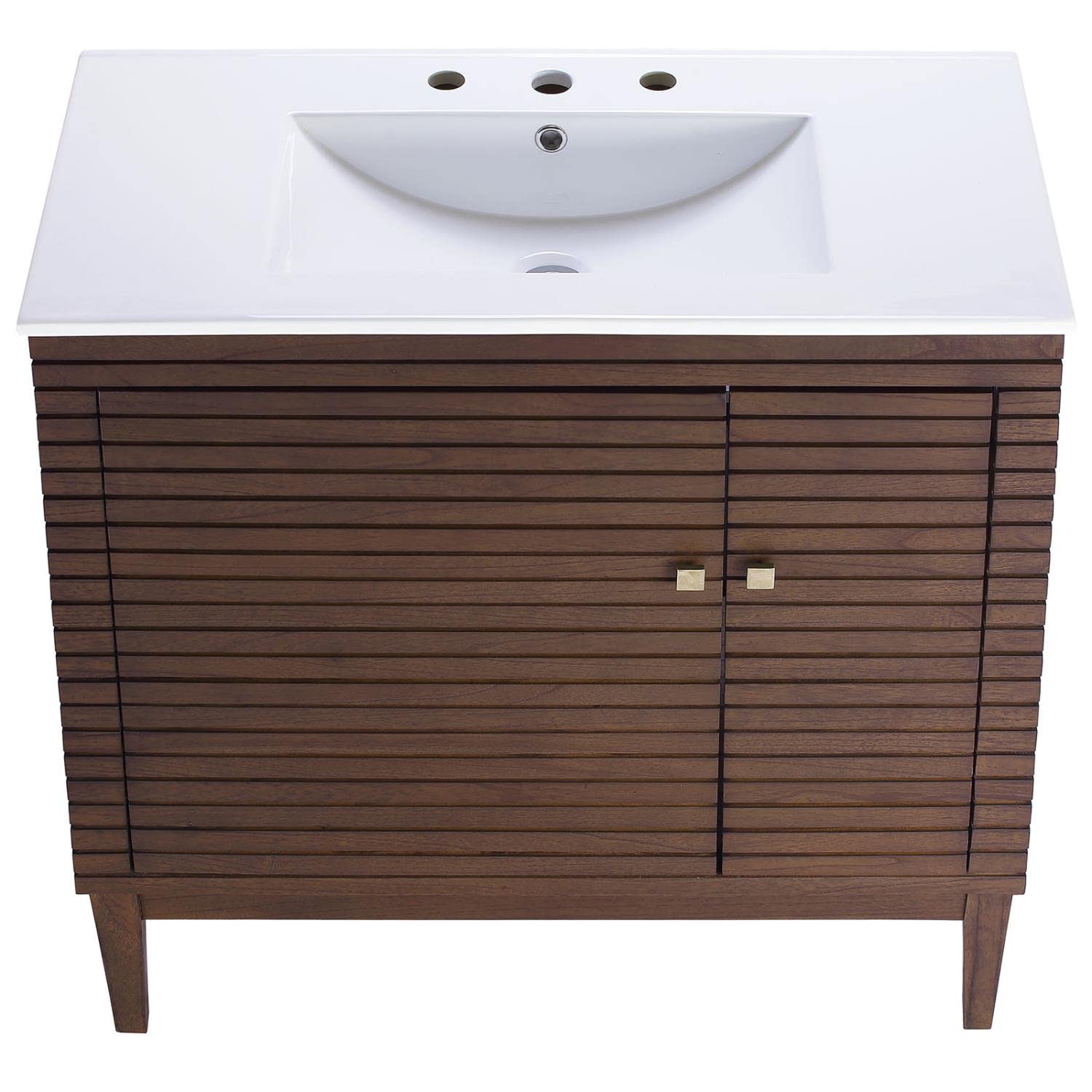 Modway Ledger 36 Inch Walnut White Wood Bathroom Vanity Cabinet with Mirror - Modern Storage for Small Bathrooms & Powder Rooms