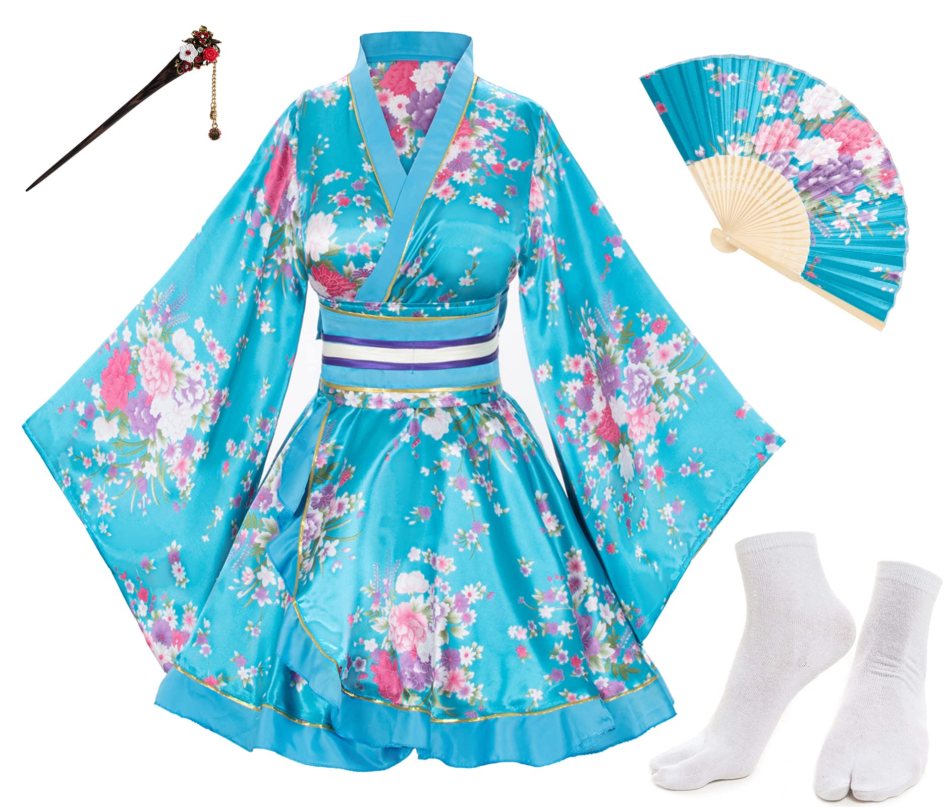Japanese Anime Women's Dance Kimono Robe with Silk Folding Fan & Tabi Socks Set - Traditional Cosplay Costume for Halloween, Stage Performances and Themed Parties