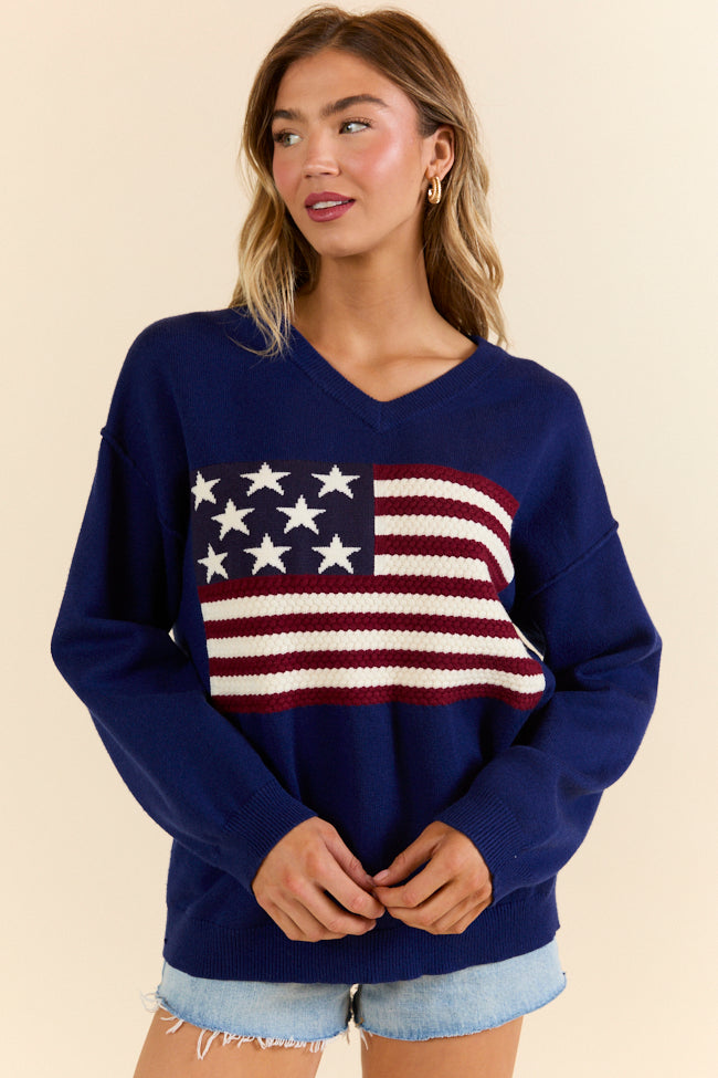 Patriotic Navy V-Neck Textured Flag Sweater for Men & Women - Cozy Pullover for 4th of July, Veterans Day & Casual Wear - Final Sale