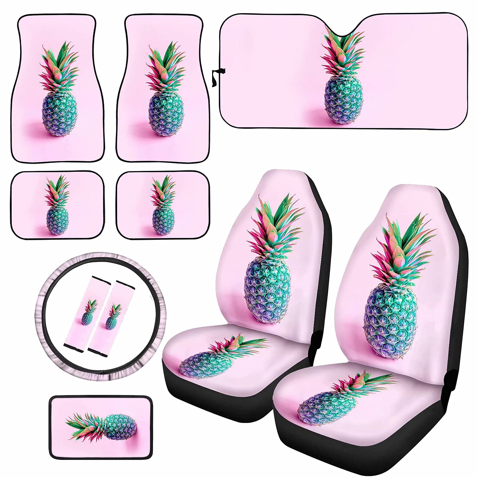 HUISEFOR Blue Pineapple Print Car Seat Covers Full Set - Front Seat Protector, Car Floor Mats, Steering Wheel Cover, Seat Belt Cover & Armrest Cushion for Auto SUV Sedan | Durable & Stylish Interior Accessories for Road Trips & Daily Commute
