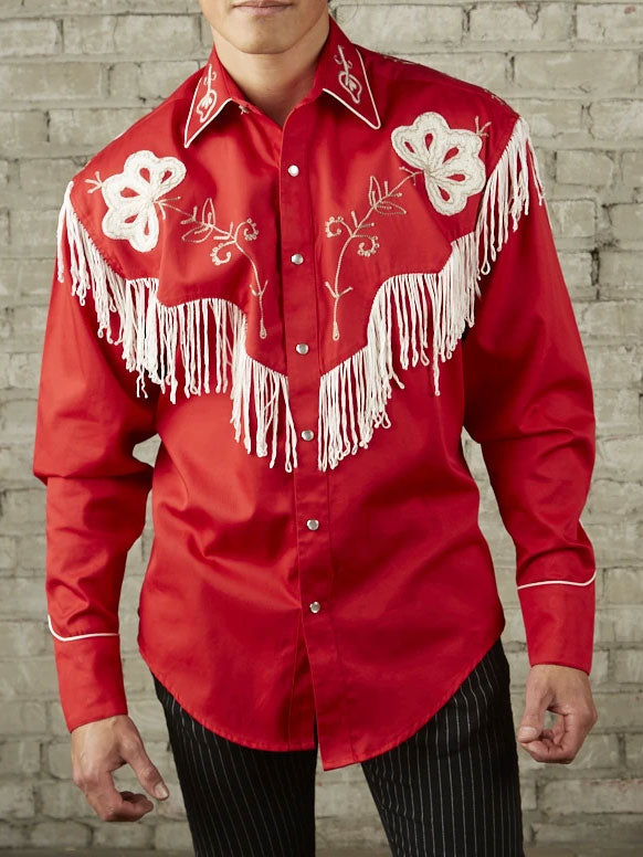 Rockmount 6723 Red Men's Vintage Fringe Embroidered Western Shirt - Classic Cowboy Style for Rodeo, Country Music Festivals & Western Fashion