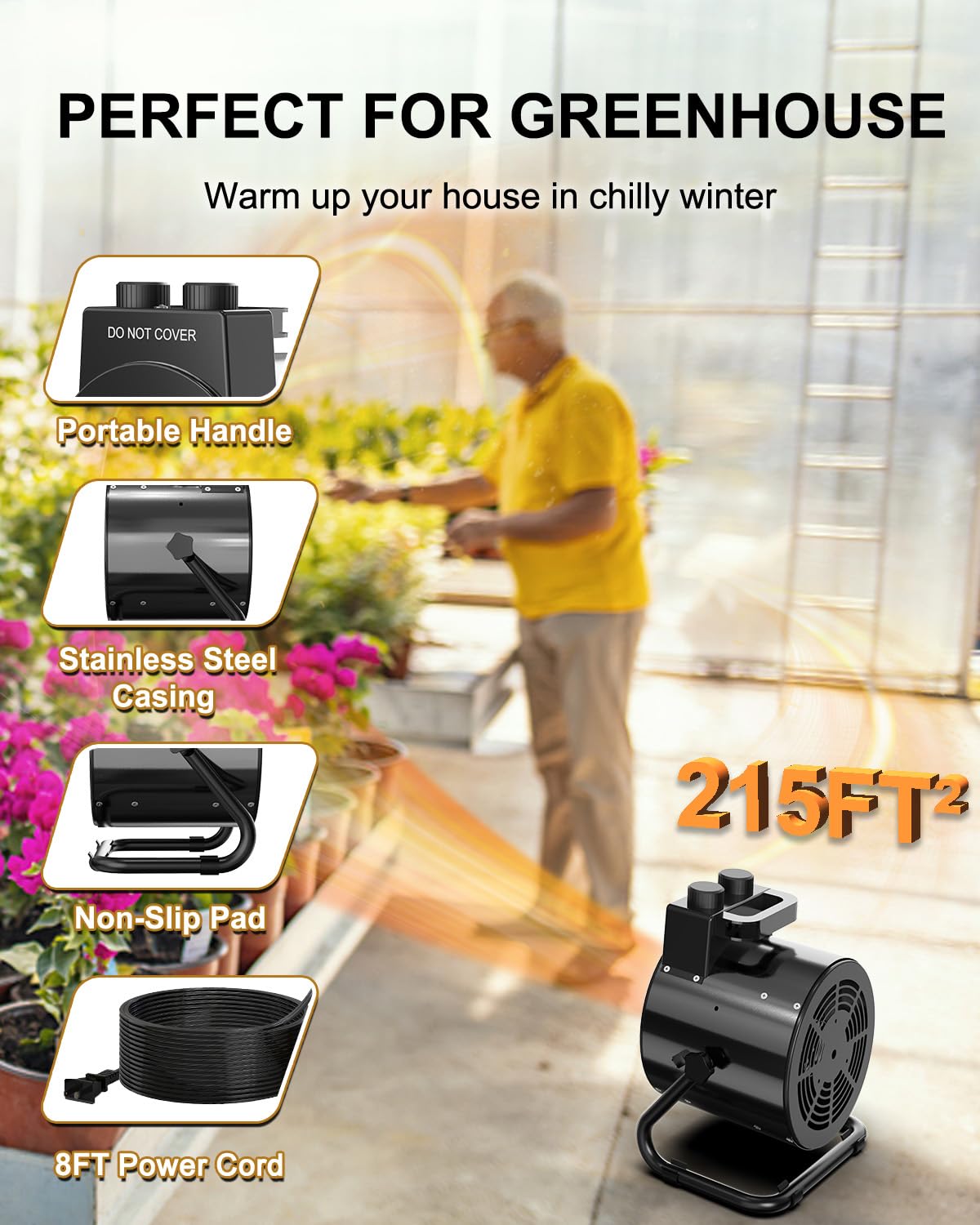 1500W Stainless Steel Electric Greenhouse Heater with Thermostat - Outdoor Fan Heater with Overheat Protection & 3S Fast Heating for Greenhouses, Patios, Garages, Flower Rooms | Perfect for Winter Plant Protection & Space Heating