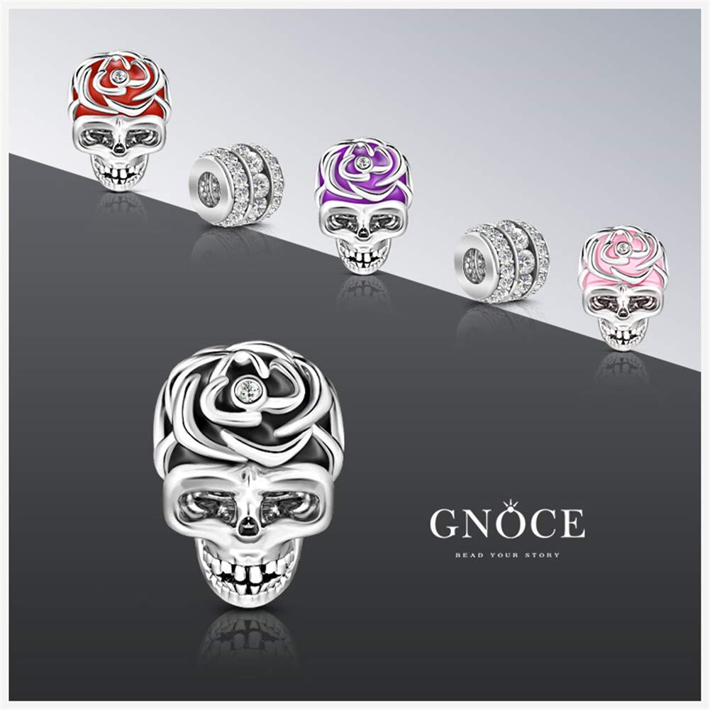 GNOCE Sterling Silver Rose Skull Charm Bead with Black Red Purple Rose - Gothic Jewelry for Bracelet & Necklace - Romantic Halloween Gift for Women & Men - Perfect for Gothic Fashion, Dark Aesthetic & Spooky Occasions