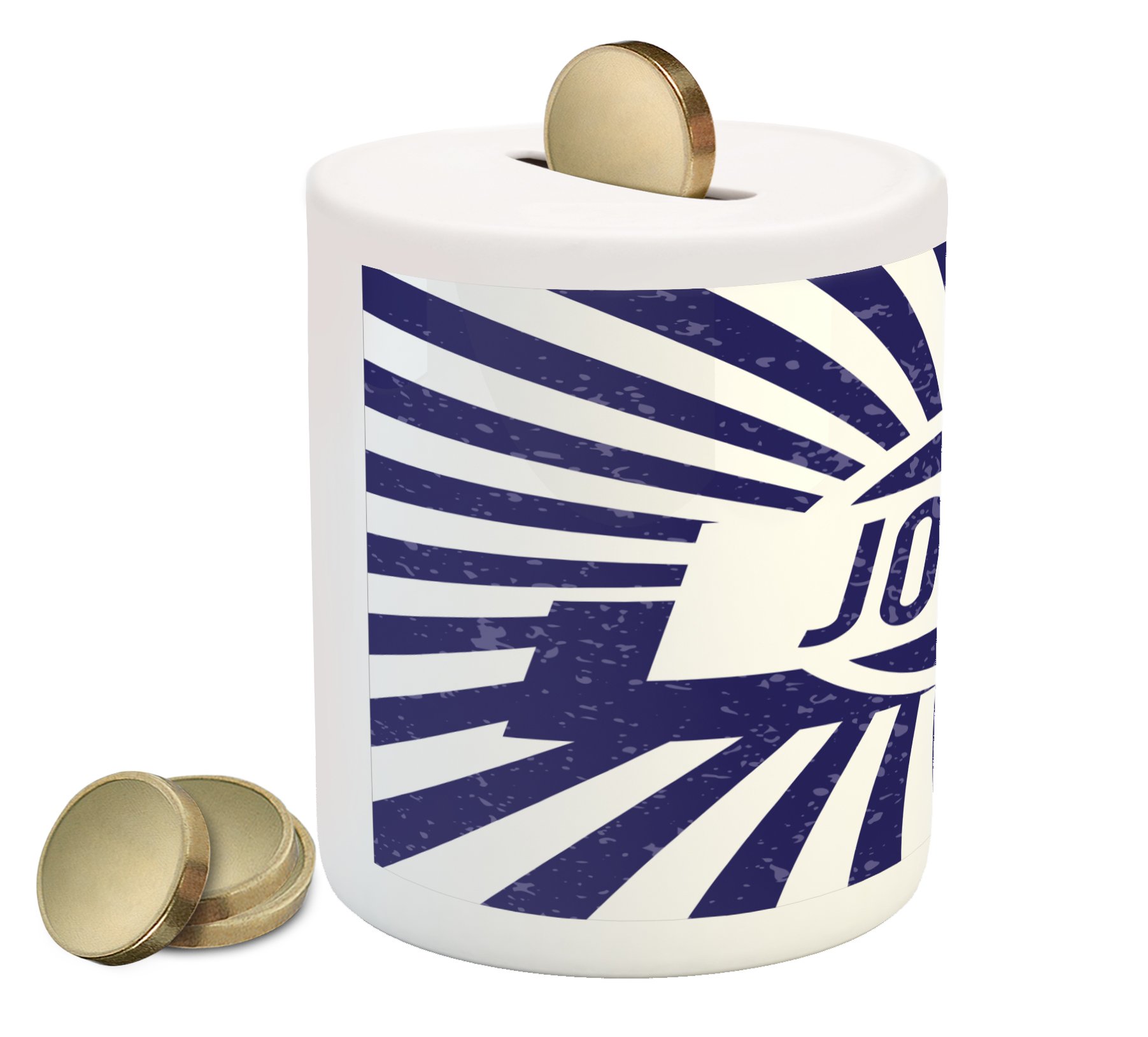 Ambesonne John Piggy Bank - Ceramic Coin Bank with Wavy Stripes & Weathered Look for Cash Saving, Navy Blue & White | Perfect for Kids' Savings, Gifts & Home Decor