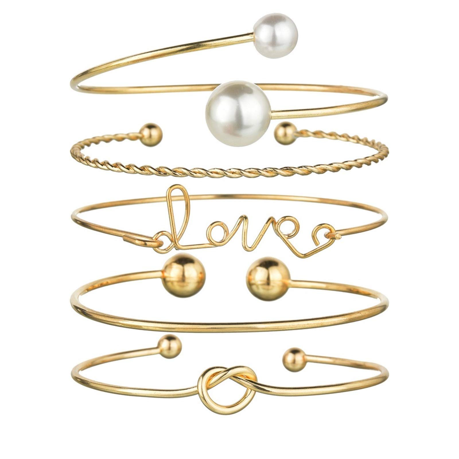 5-Piece Stackable Open Cuff Wrap Bangles - Adjustable Gold Bracelets with Imitation Pearls for Women & Girls | Valentine's Day, Anniversary Jewelry Gift Set | Perfect for Parties, Dating & Special Occasions