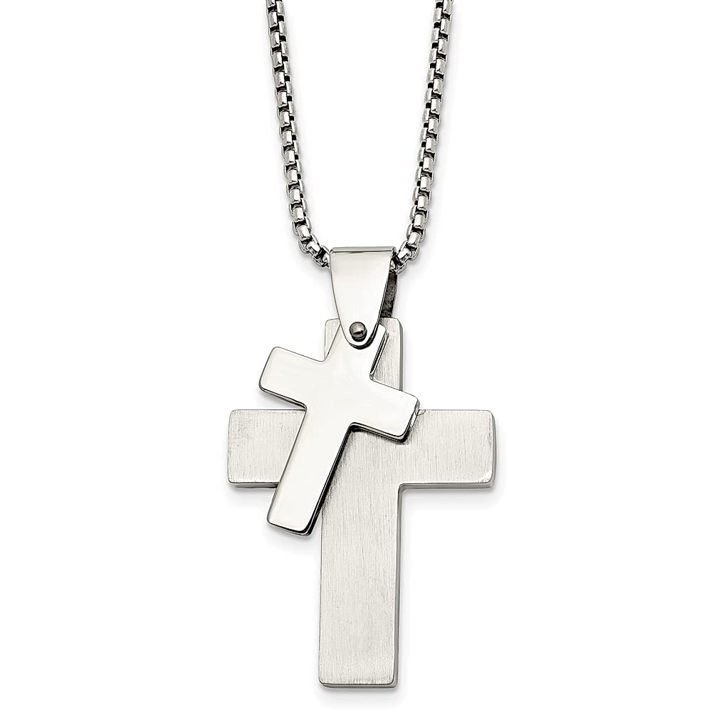 ICE CARATS Stainless Steel Brushed Double Cross Religious Pendant Necklace - 24 Inch Box Chain for Women, Elegant Fashion Jewelry Gift for Her - Perfect for Church, Weddings & Everyday Wear