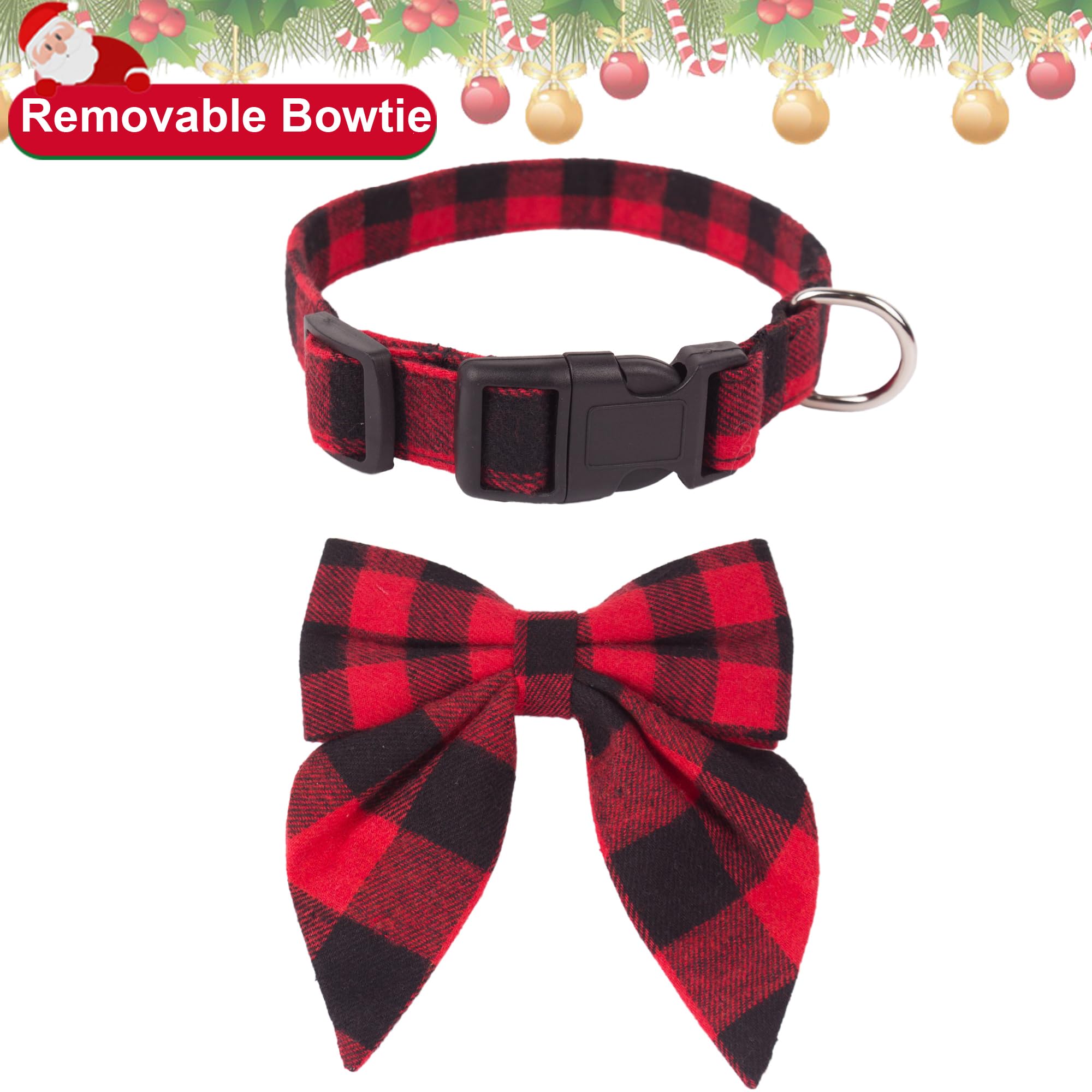 ADOGGYGO Adjustable Christmas Dog Collar with Red Plaid Bowtie - Festive Cotton Pet Collar for Large Dogs (Red & Black) - Perfect for Holiday Photos, Christmas Parties & Pet Costume Events
