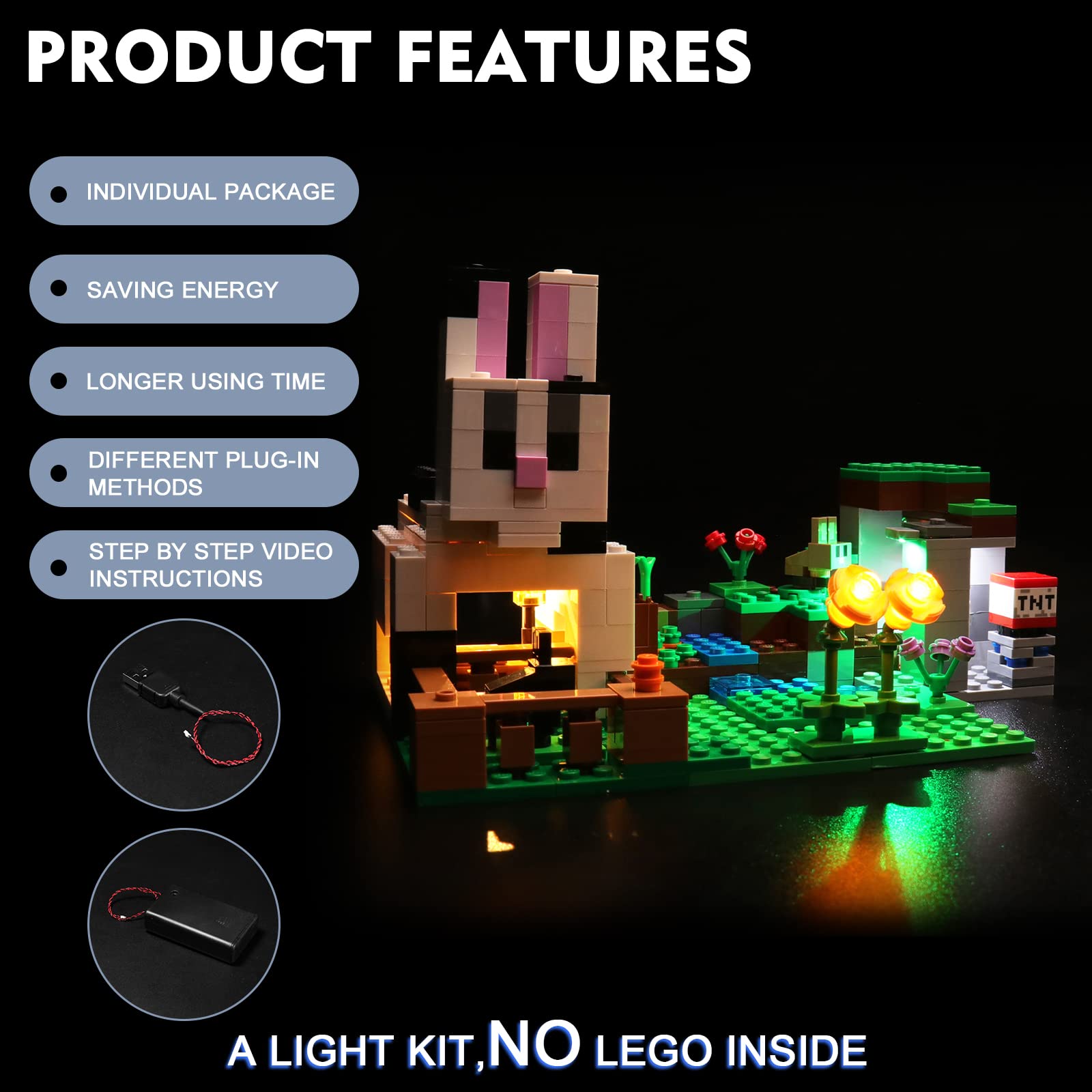 BrickBling LED Light Kit for LEGO Minecraft Rabbit Ranch 21181 - Compatible Lighting Set for LEGO 21181 (Lights Only, No LEGO Included) - Perfect for Nighttime Displays & Minecraft Themed Decor