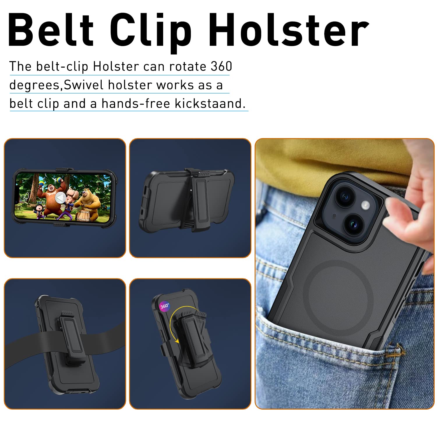 5-in-1 Magnetic Phone Case for iPhone 13/14 Pro Max - Heavy Duty Protective Cover with Belt Clip Holster & 2X Tempered Glass Screen Protectors (Black) | Perfect for Outdoor Work, Construction & Active Lifestyle
