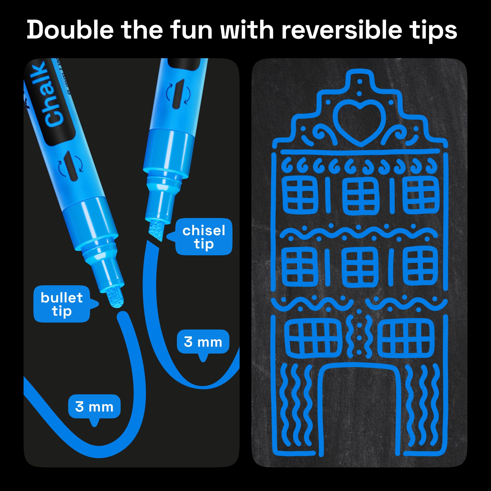 ARTISTRO 2-Pack Blue Liquid Chalk Markers - Erasable Chalkboard Pens with 6mm Reversible Tip for Blackboard, Glass, Car Windows & More - Perfect for Restaurants, Bistros, Signage & DIY Projects
